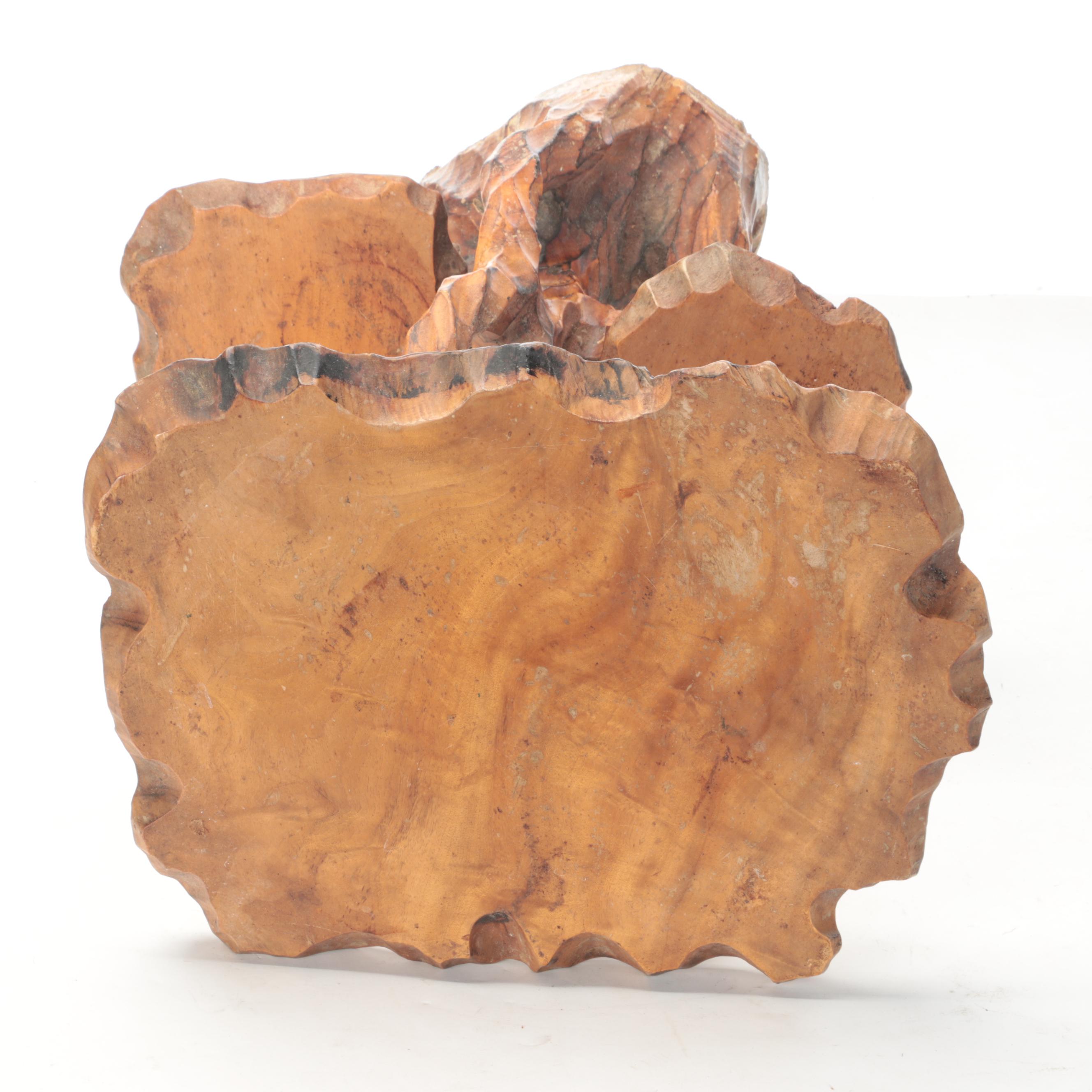 Hand-Made Carved Log Wooden Tiered Side Table