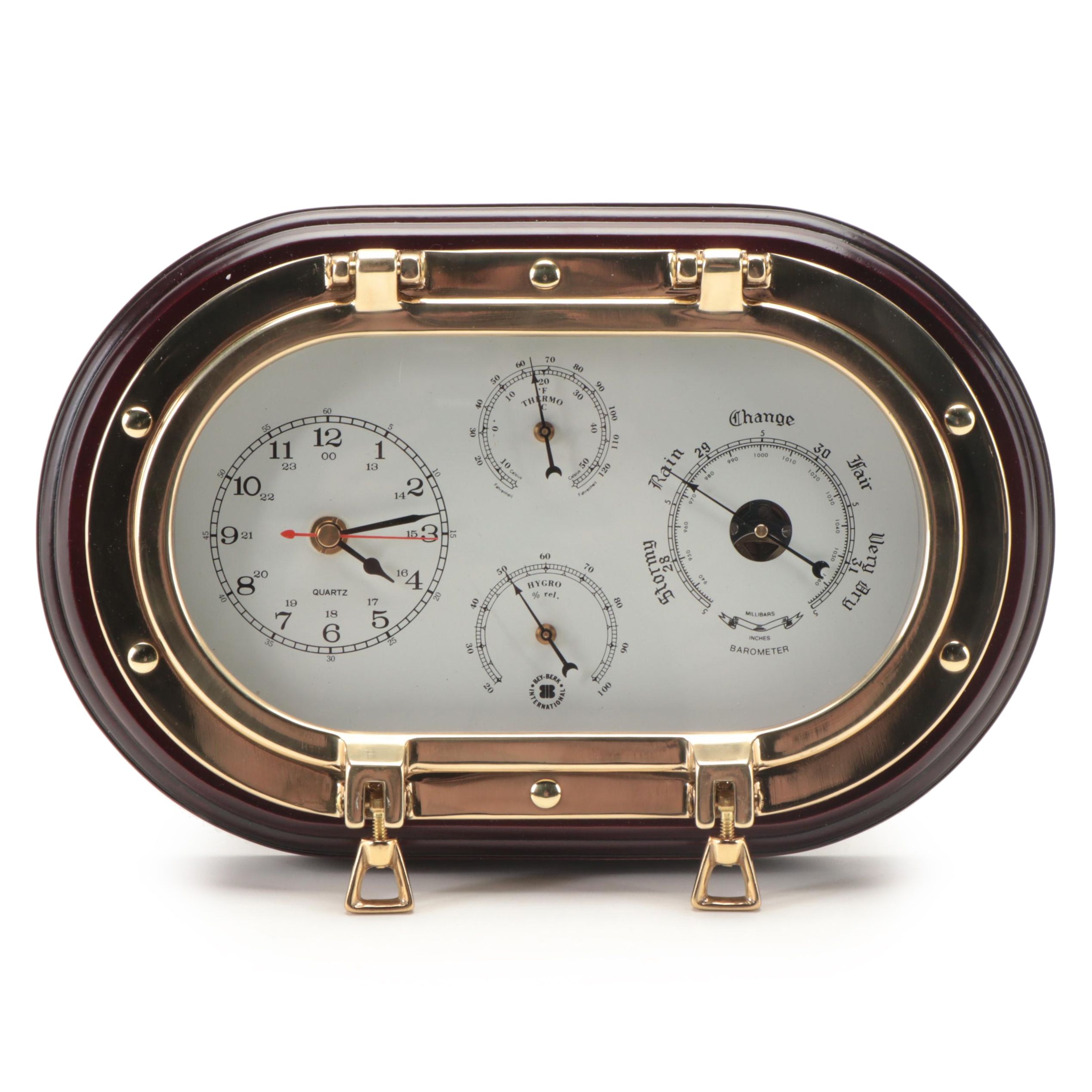 Bey-Berk Laquered Brass Porthole Time and Tide Clock, Thermometer and Hygrometer