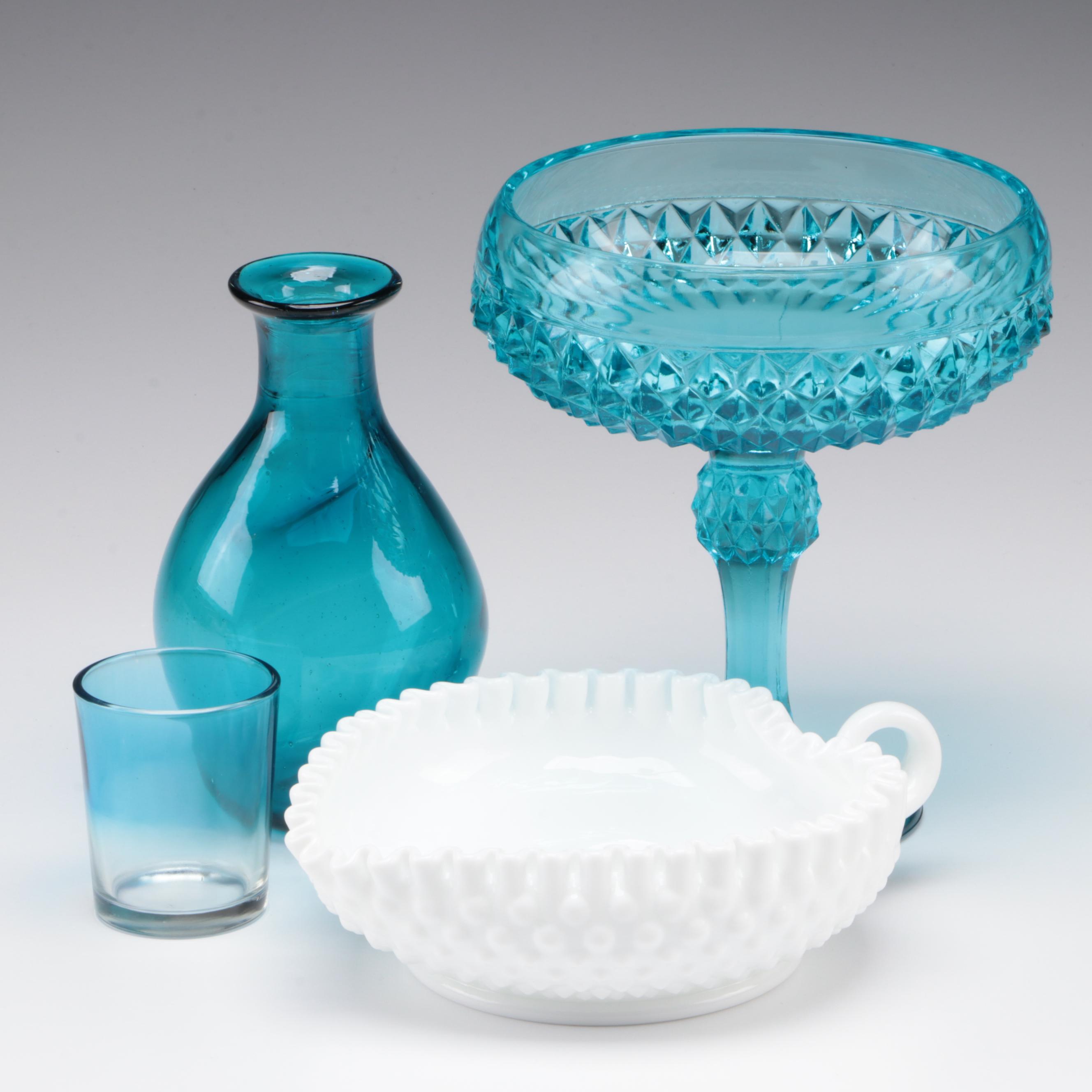 Fenton Hobnail Milk Glass Nappy Bowl with Other Blue Glass Table Accessories