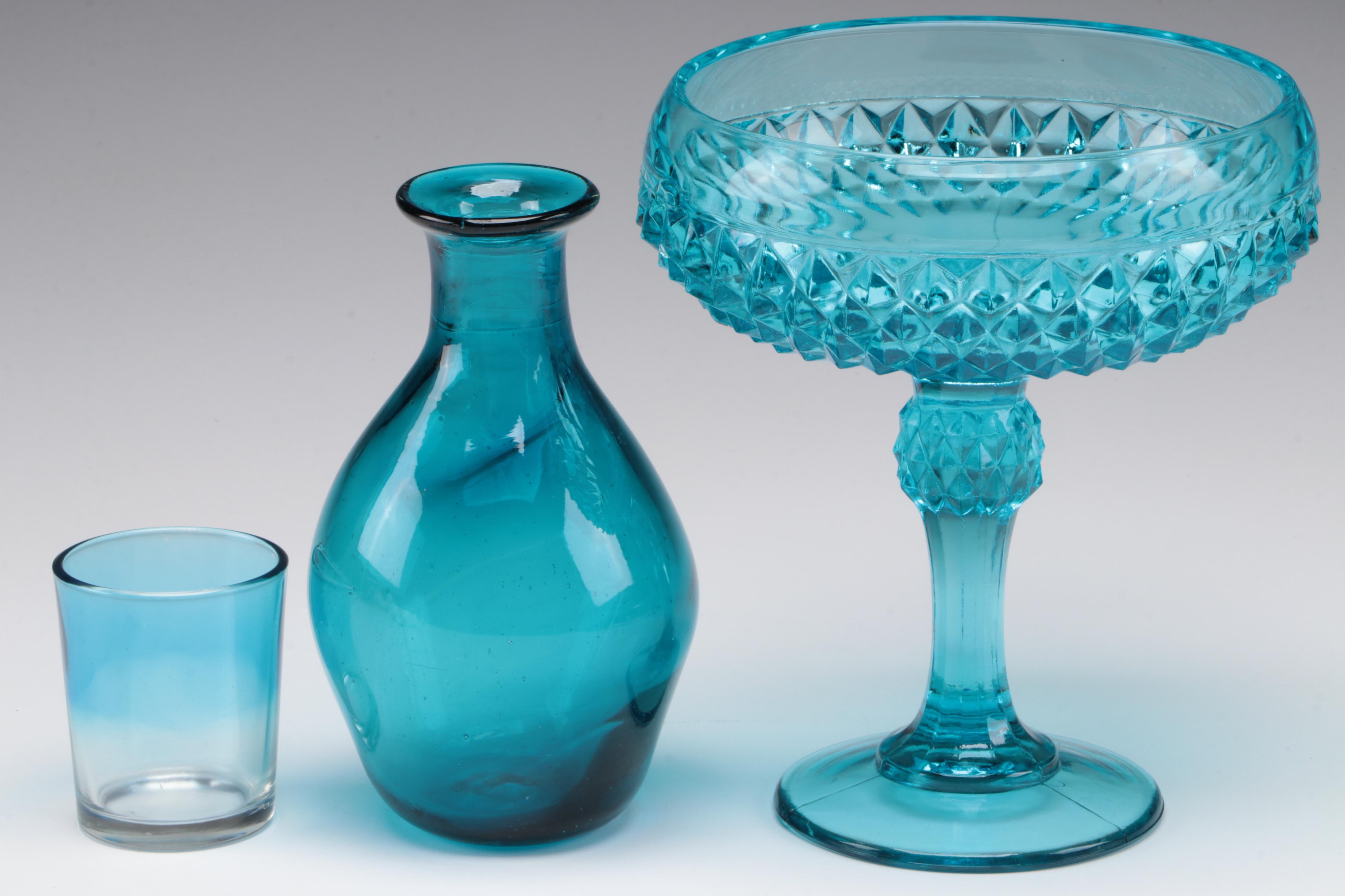 Fenton Hobnail Milk Glass Nappy Bowl with Other Blue Glass Table Accessories