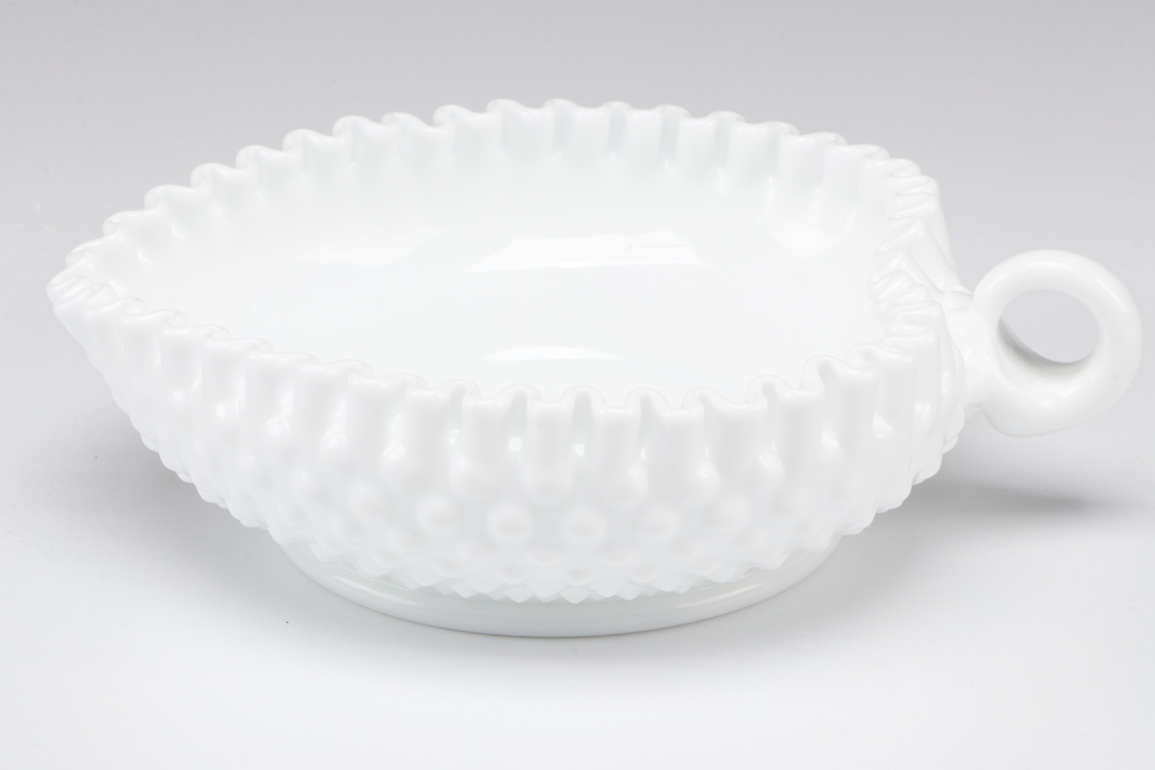 Fenton Hobnail Milk Glass Nappy Bowl with Other Blue Glass Table Accessories