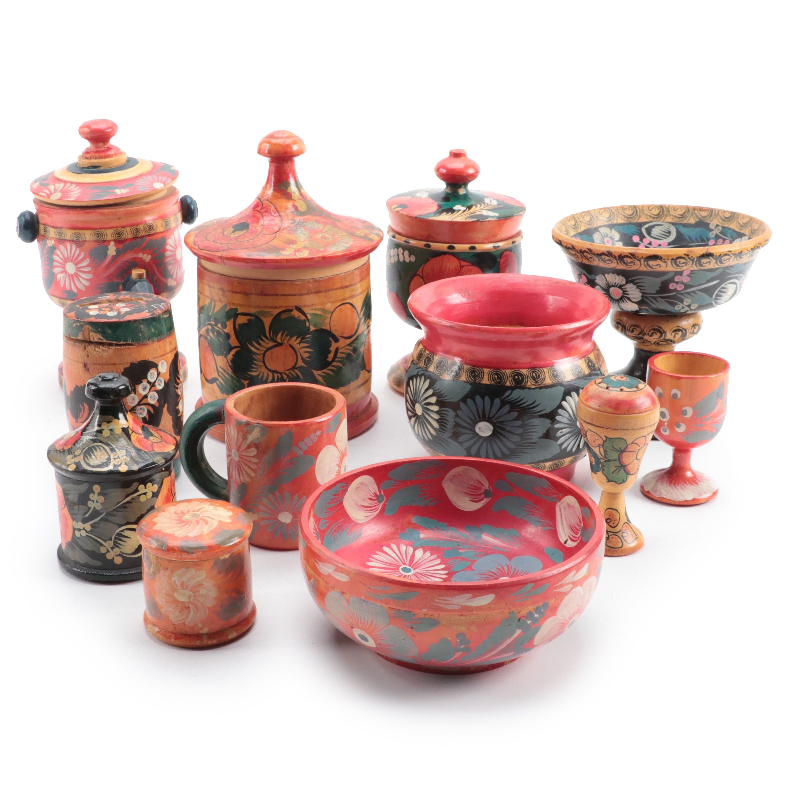 Eastern European Floral Painted Treenware, Mid-20th Century