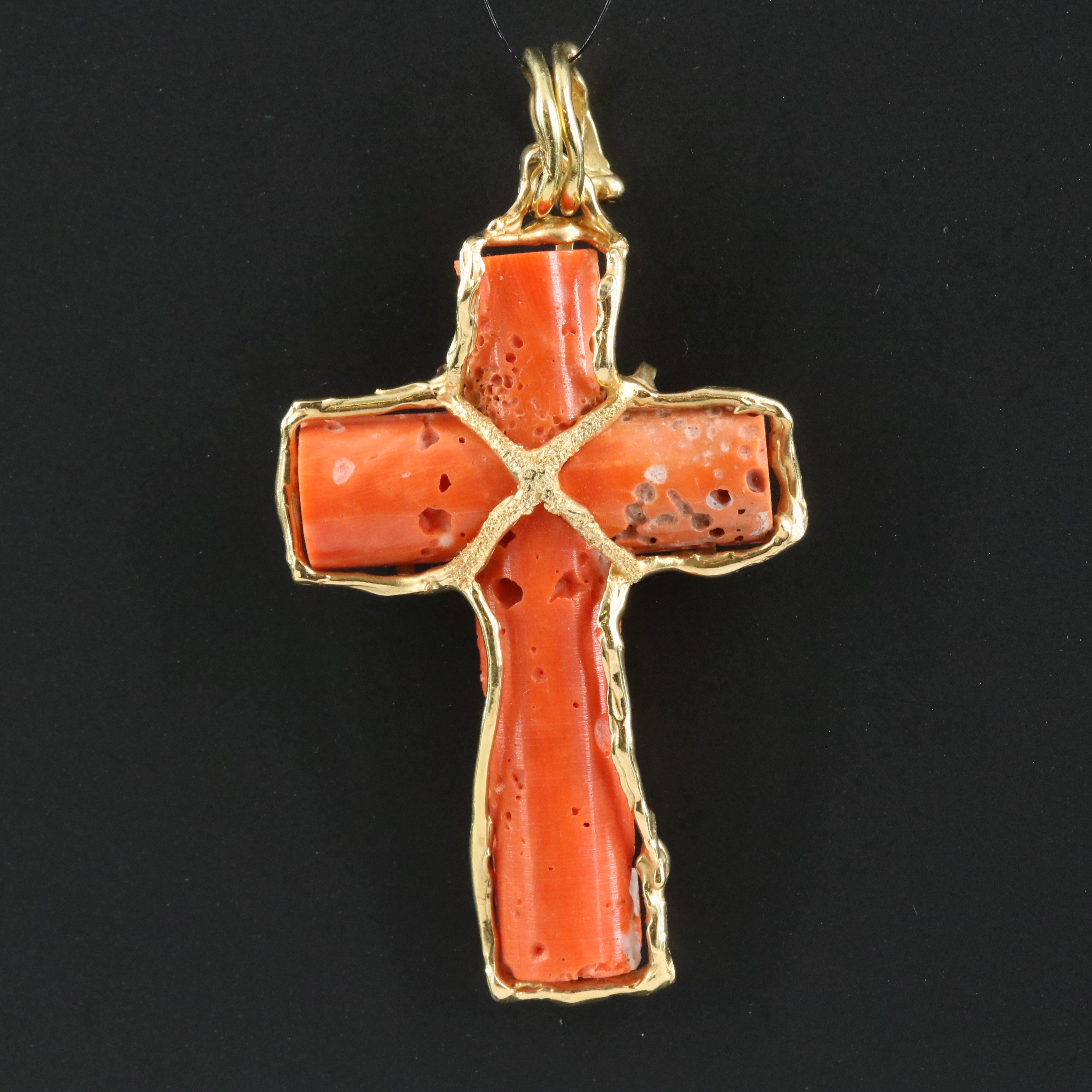 18K Coral Cross Pendant