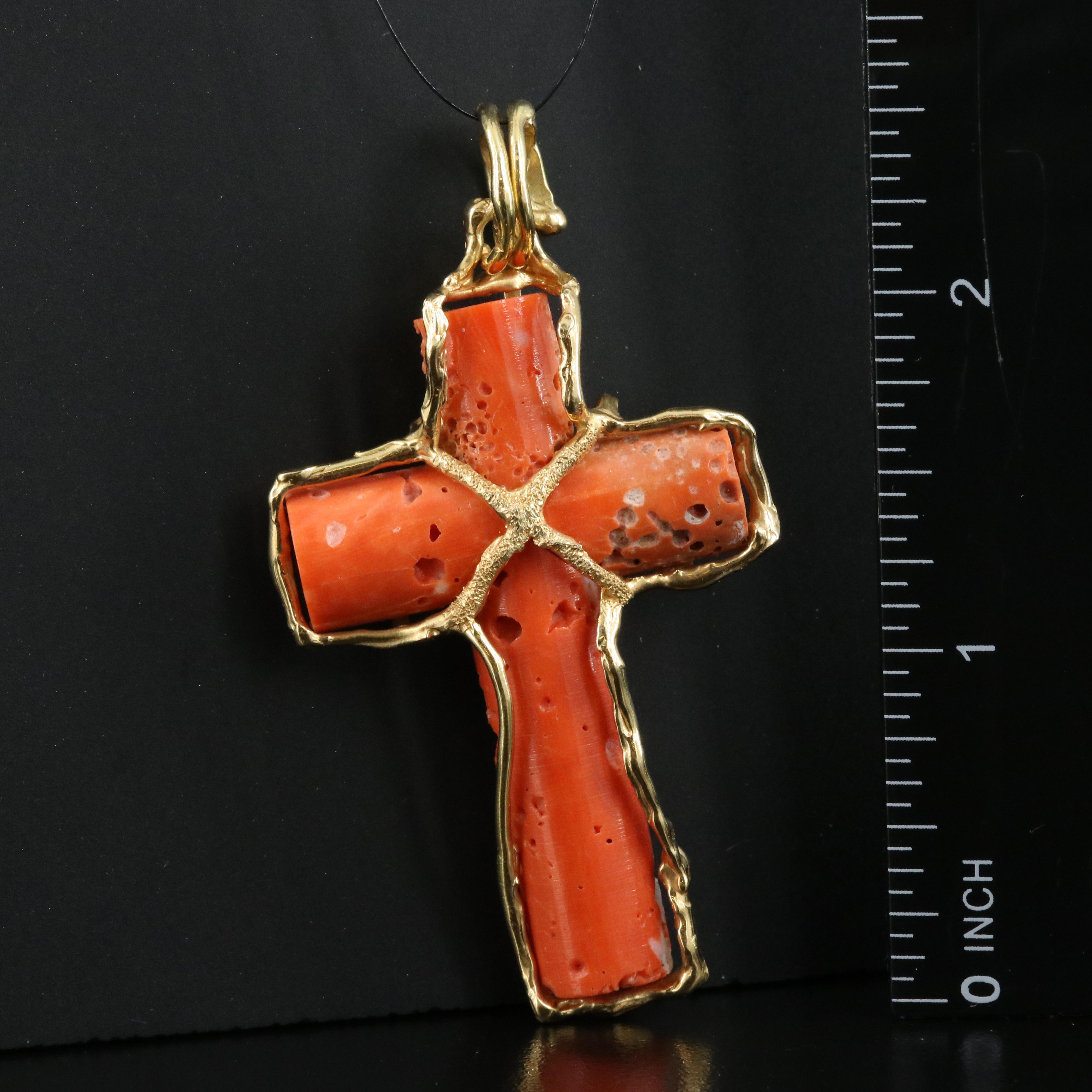 18K Coral Cross Pendant