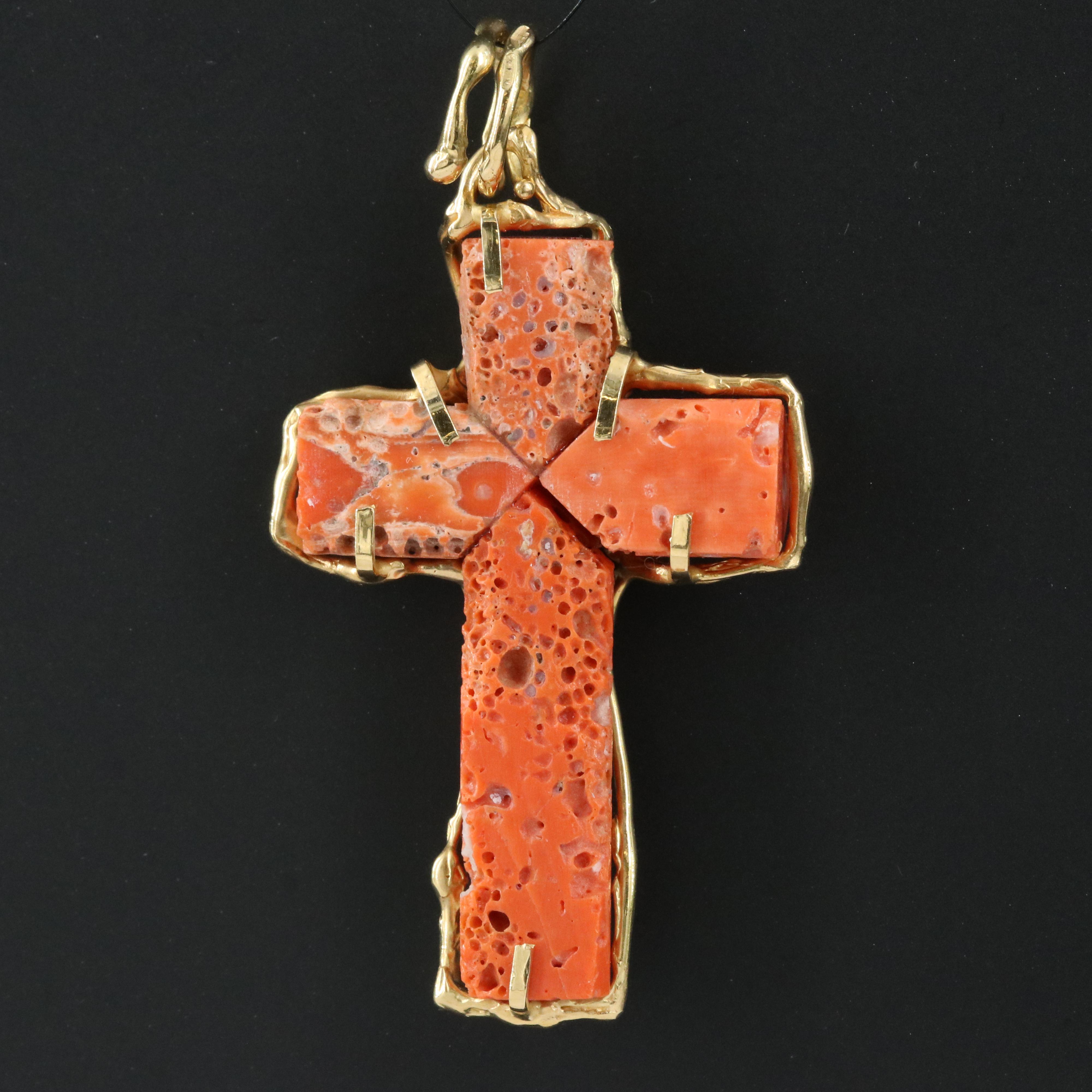 18K Coral Cross Pendant