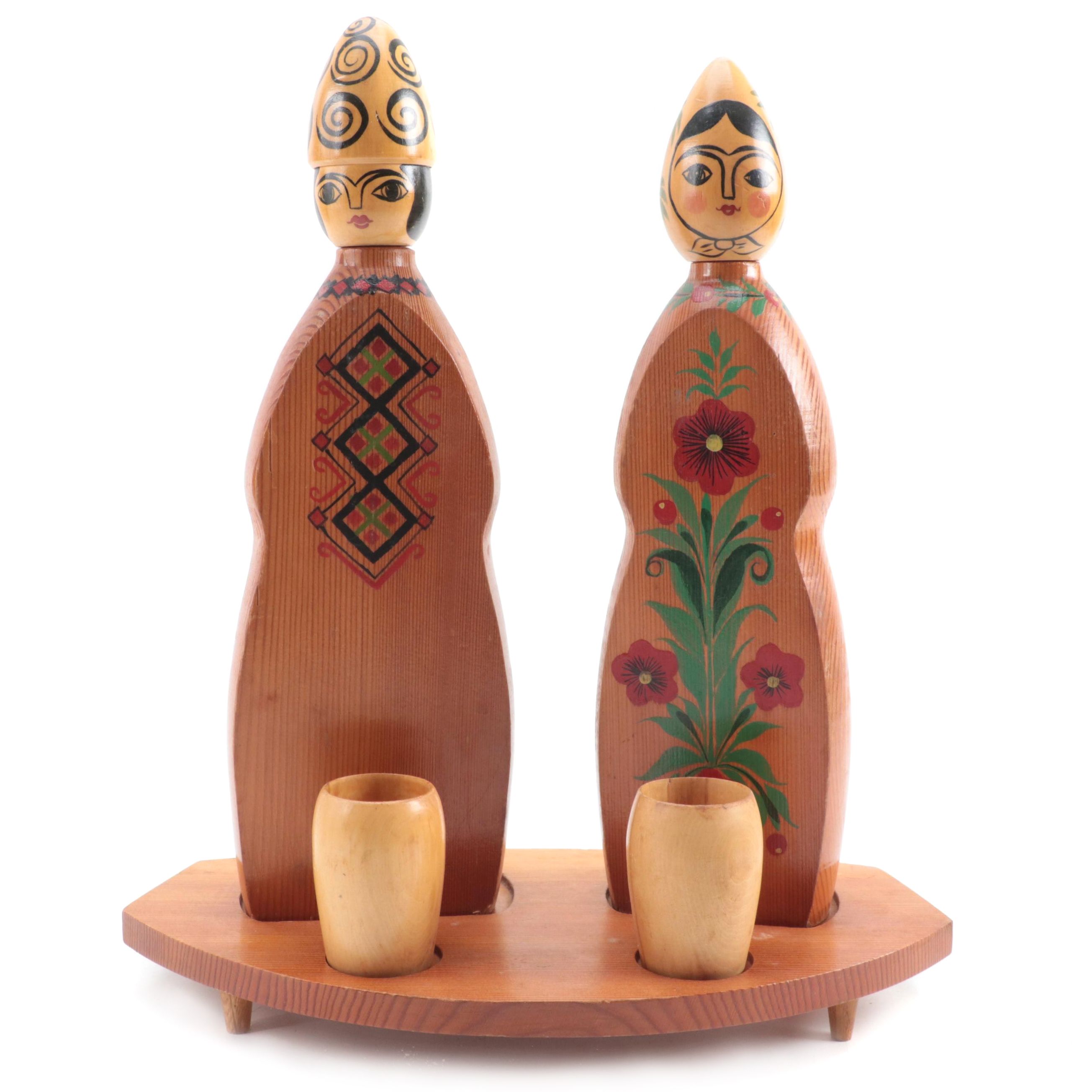 Russian Wood Decanters and Cups Set