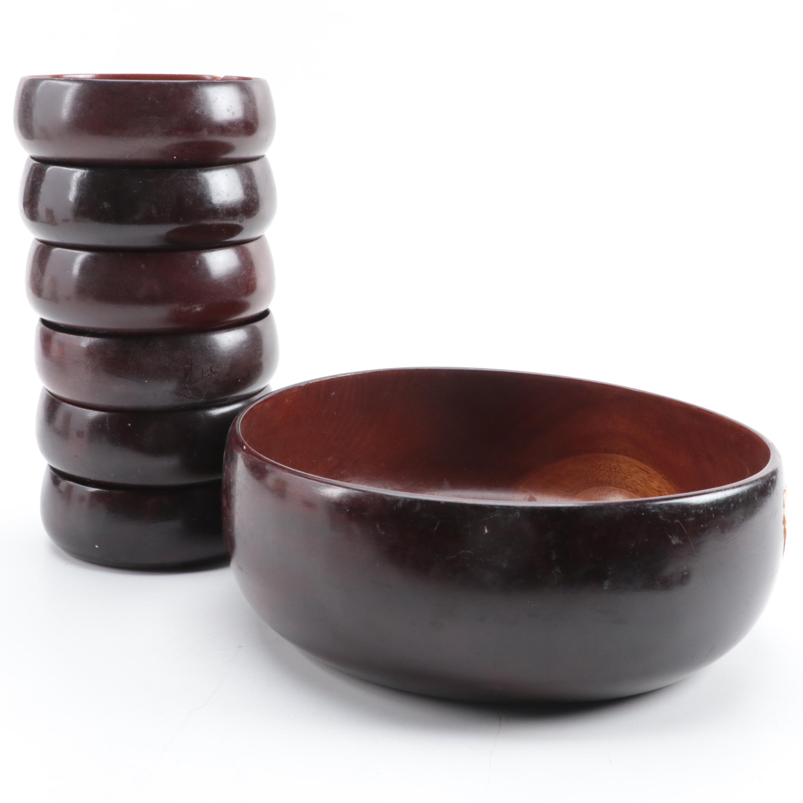 Haitian Pantalcraft Mahogany Serving Bowl and Dinner Bowls