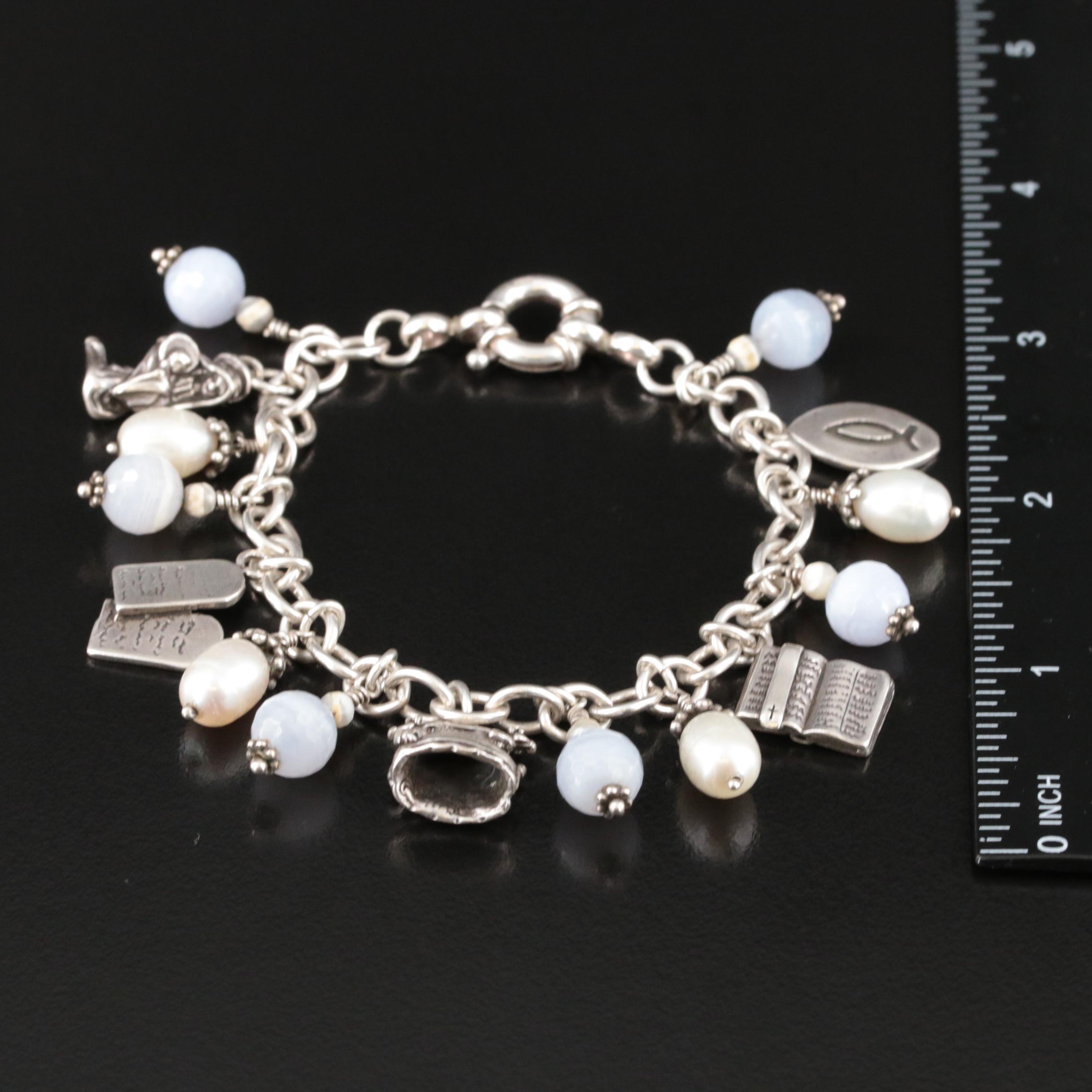 Sterling Lace Agate and Pearl Christian Themed Fringe Charm Bracelet