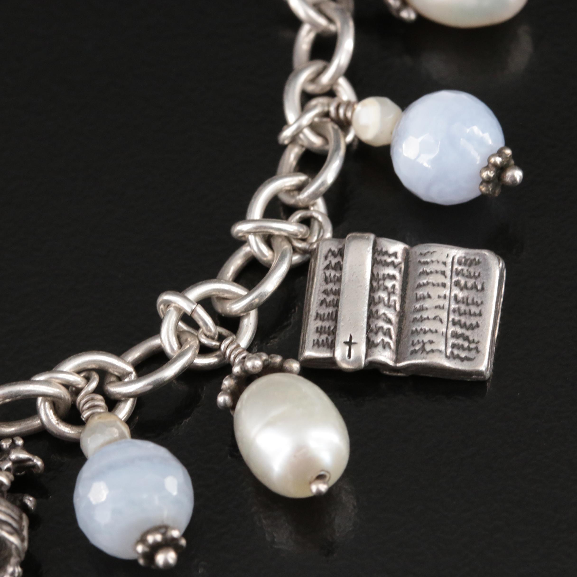 Sterling Lace Agate and Pearl Christian Themed Fringe Charm Bracelet