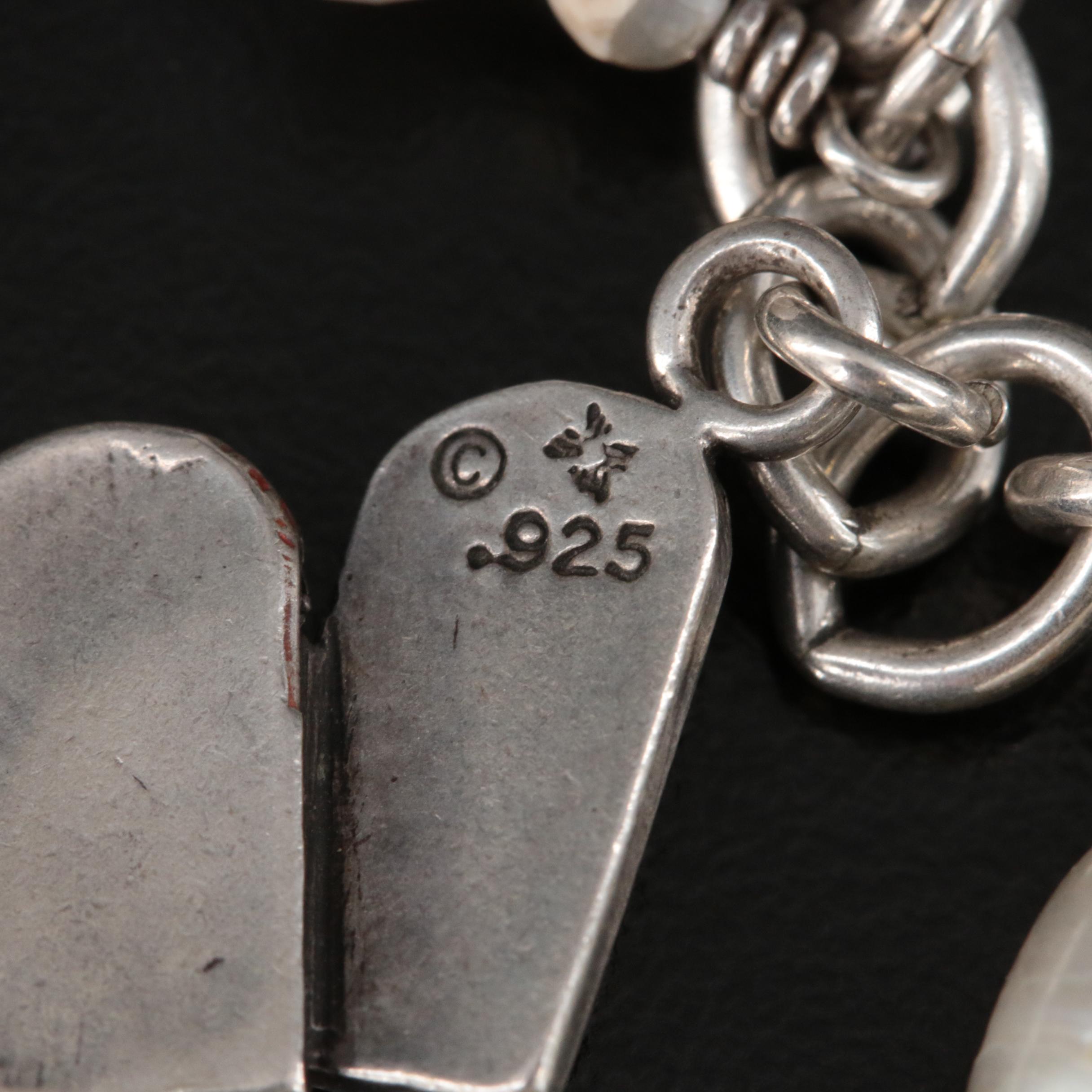 Sterling Lace Agate and Pearl Christian Themed Fringe Charm Bracelet