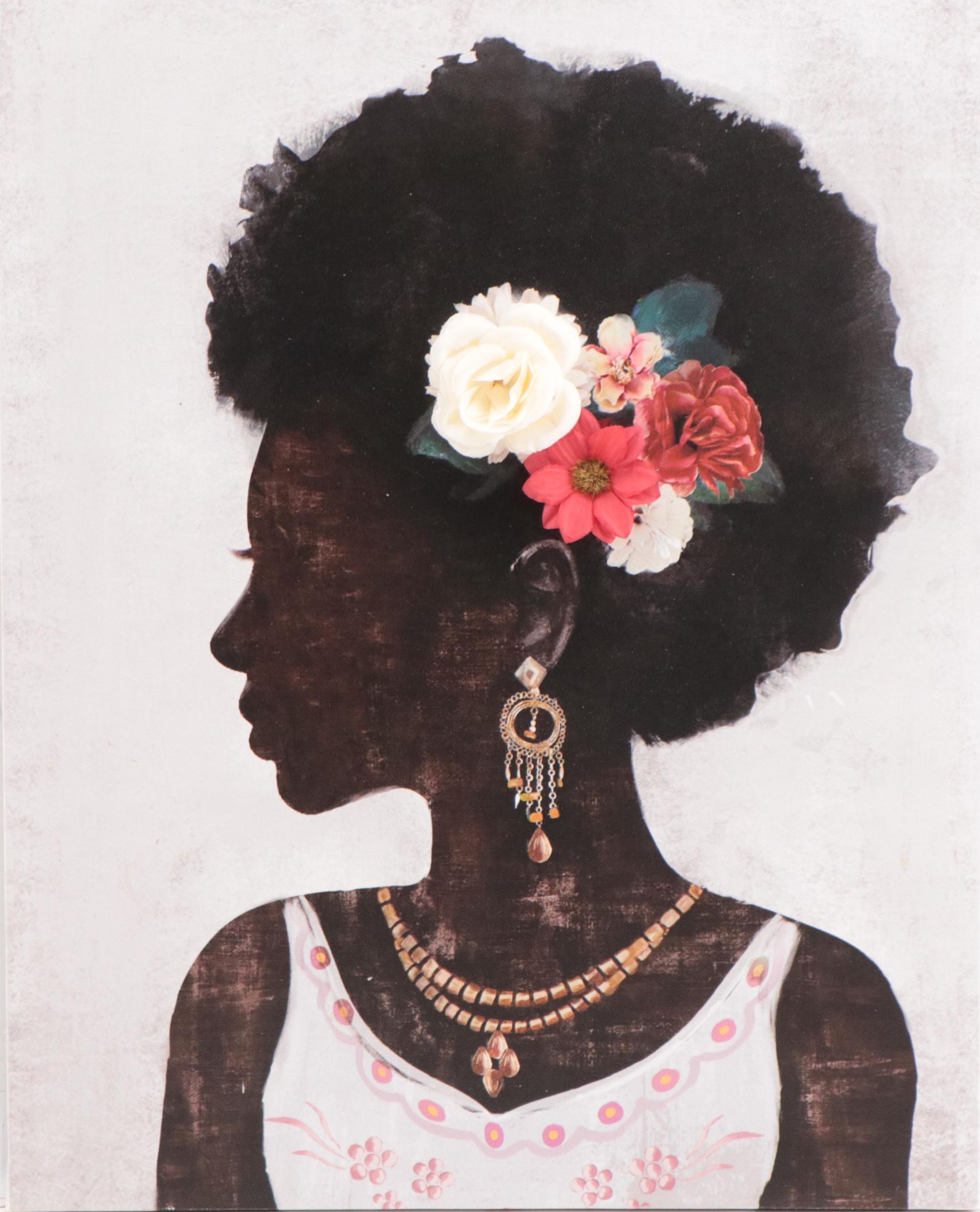 Embellished Giclée Profile Portrait of Woman Adorned With Flowers