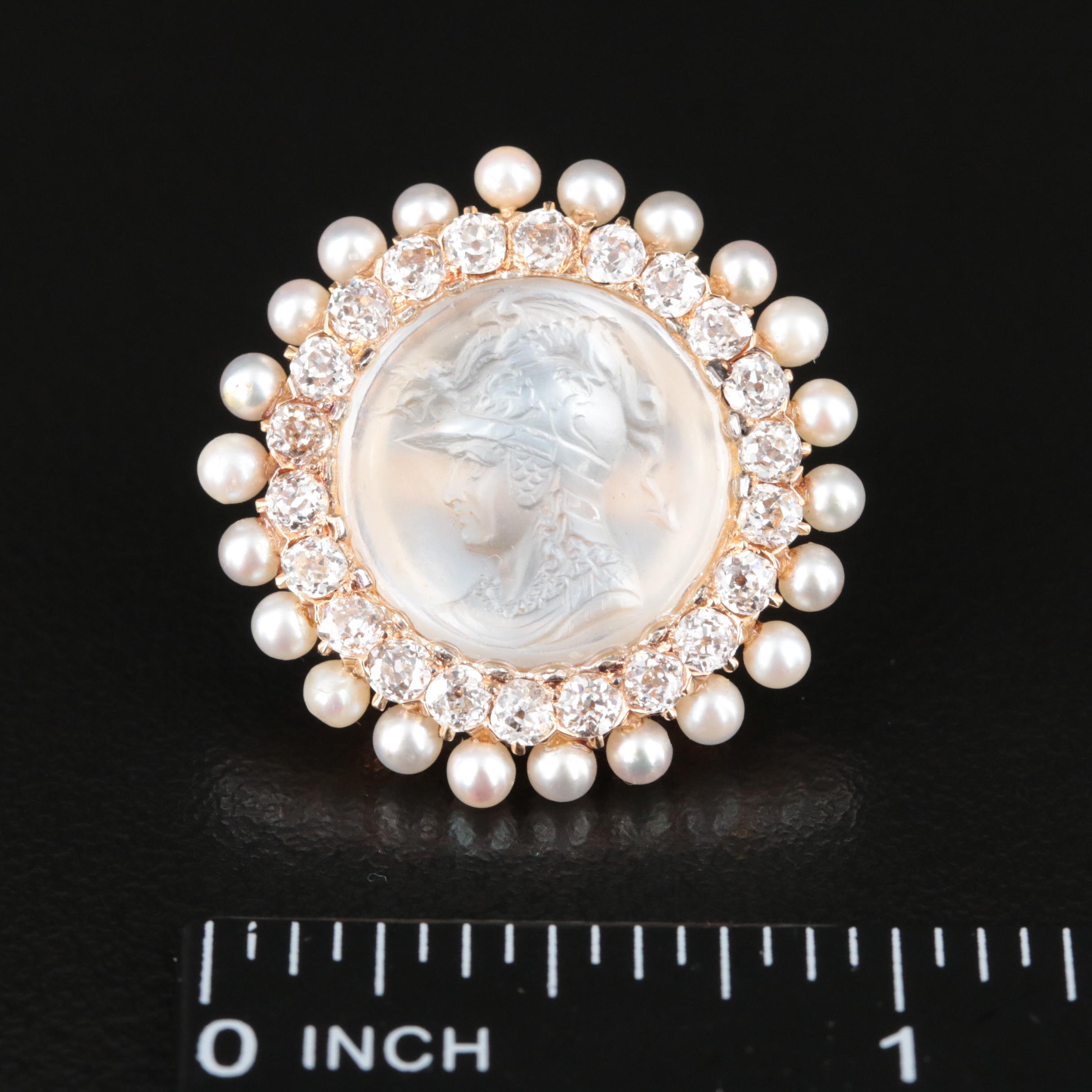 14K Moonstone Cameo, 1.00 CTW Diamond and Pearl Enhancer