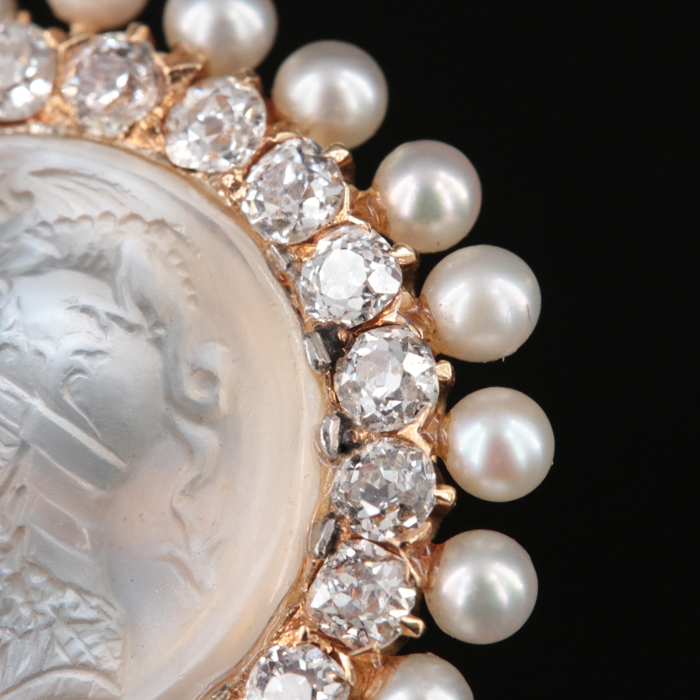 14K Moonstone Cameo, 1.00 CTW Diamond and Pearl Enhancer