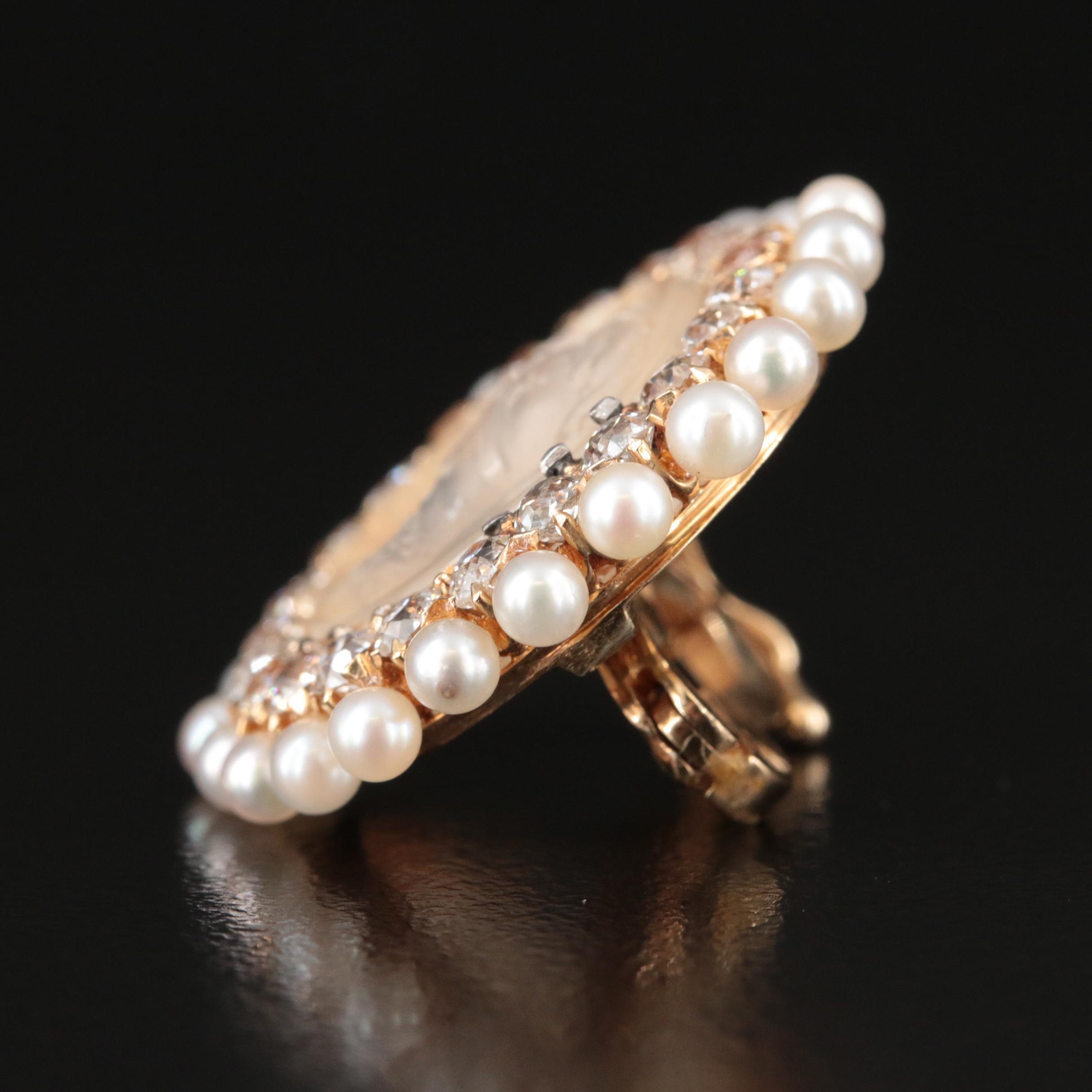 14K Moonstone Cameo, 1.00 CTW Diamond and Pearl Enhancer