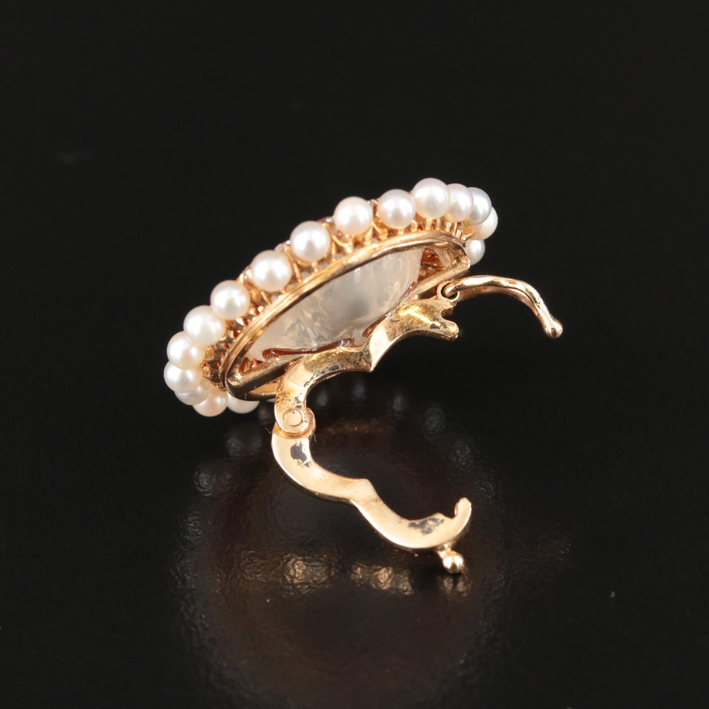 14K Moonstone Cameo, 1.00 CTW Diamond and Pearl Enhancer