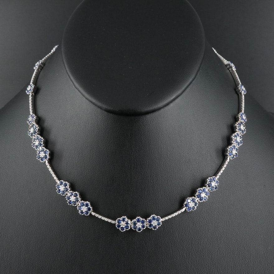 18K 1.50 CTW Diamond and Sapphire Flower Station Necklace