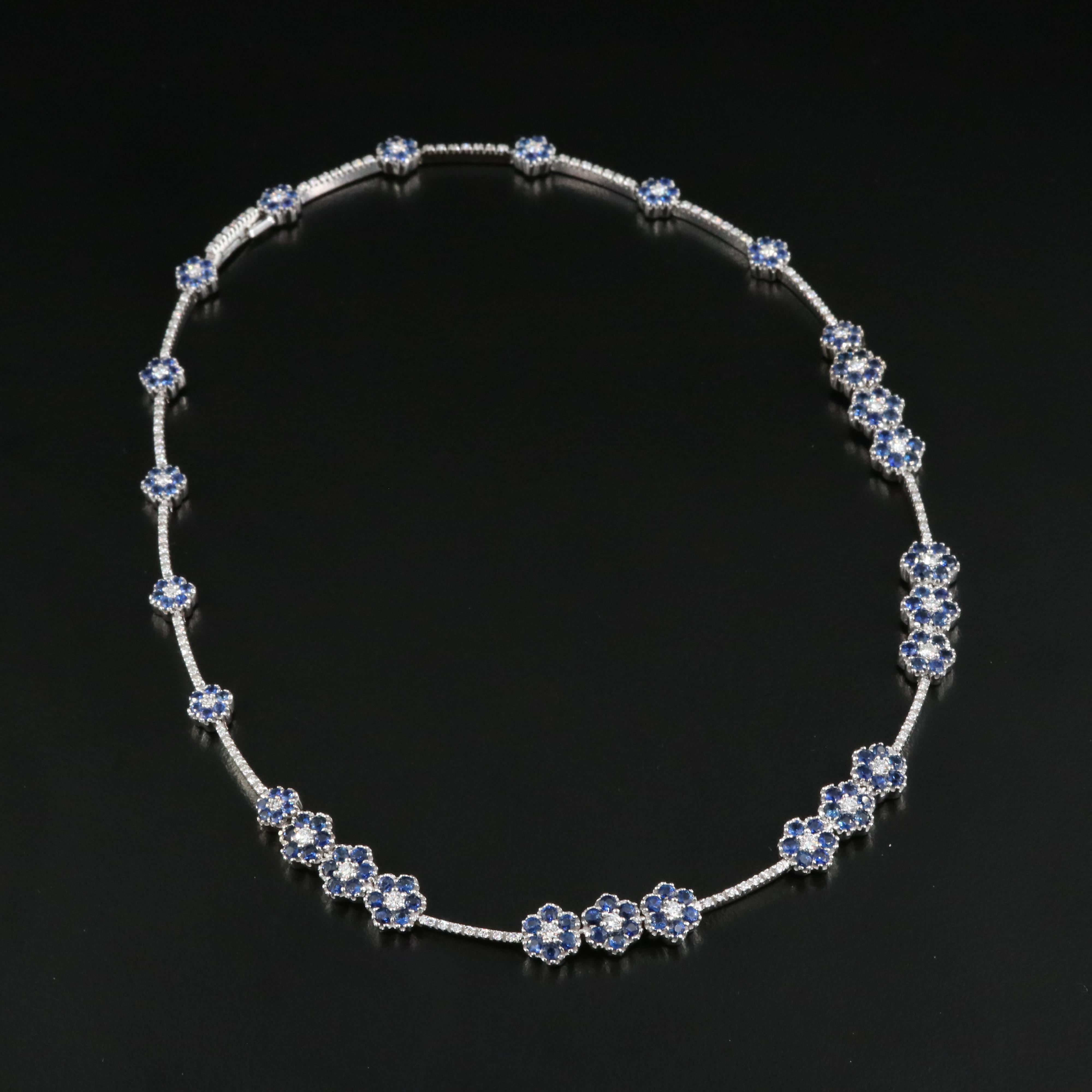 18K 1.50 CTW Diamond and Sapphire Flower Station Necklace