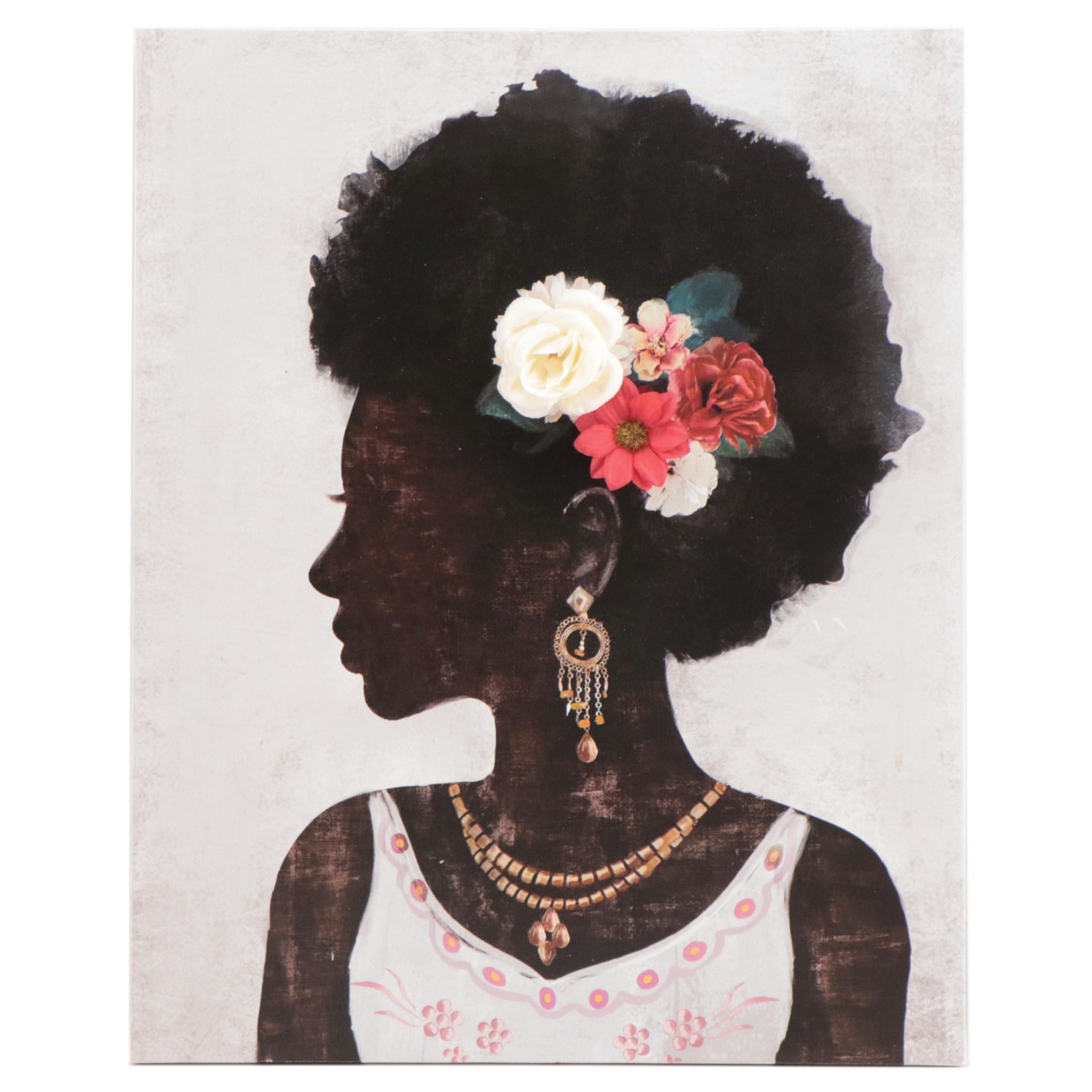 Embellished Giclée Profile Portrait of Woman Adorned With Flowers