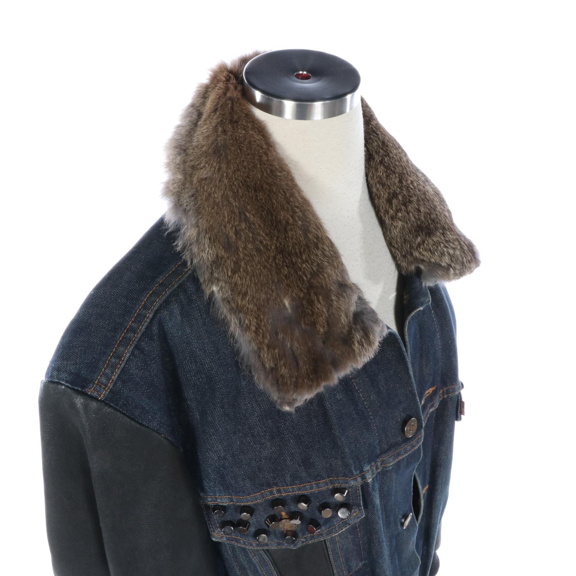 Levi Strauss & Co. Denim and Leather Studded Jacket with Rabbit Fur Collar
