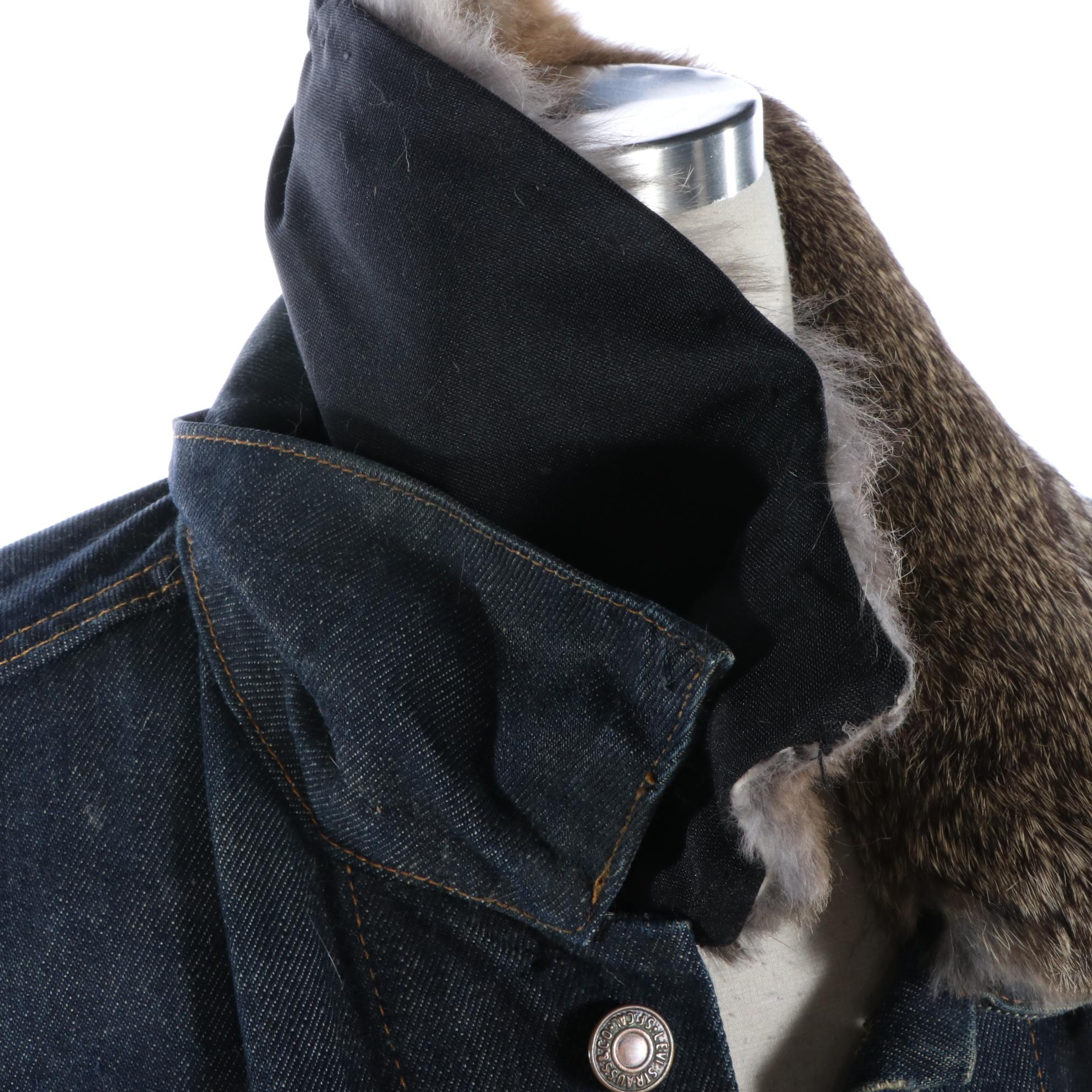 Levi Strauss & Co. Denim and Leather Studded Jacket with Rabbit Fur Collar