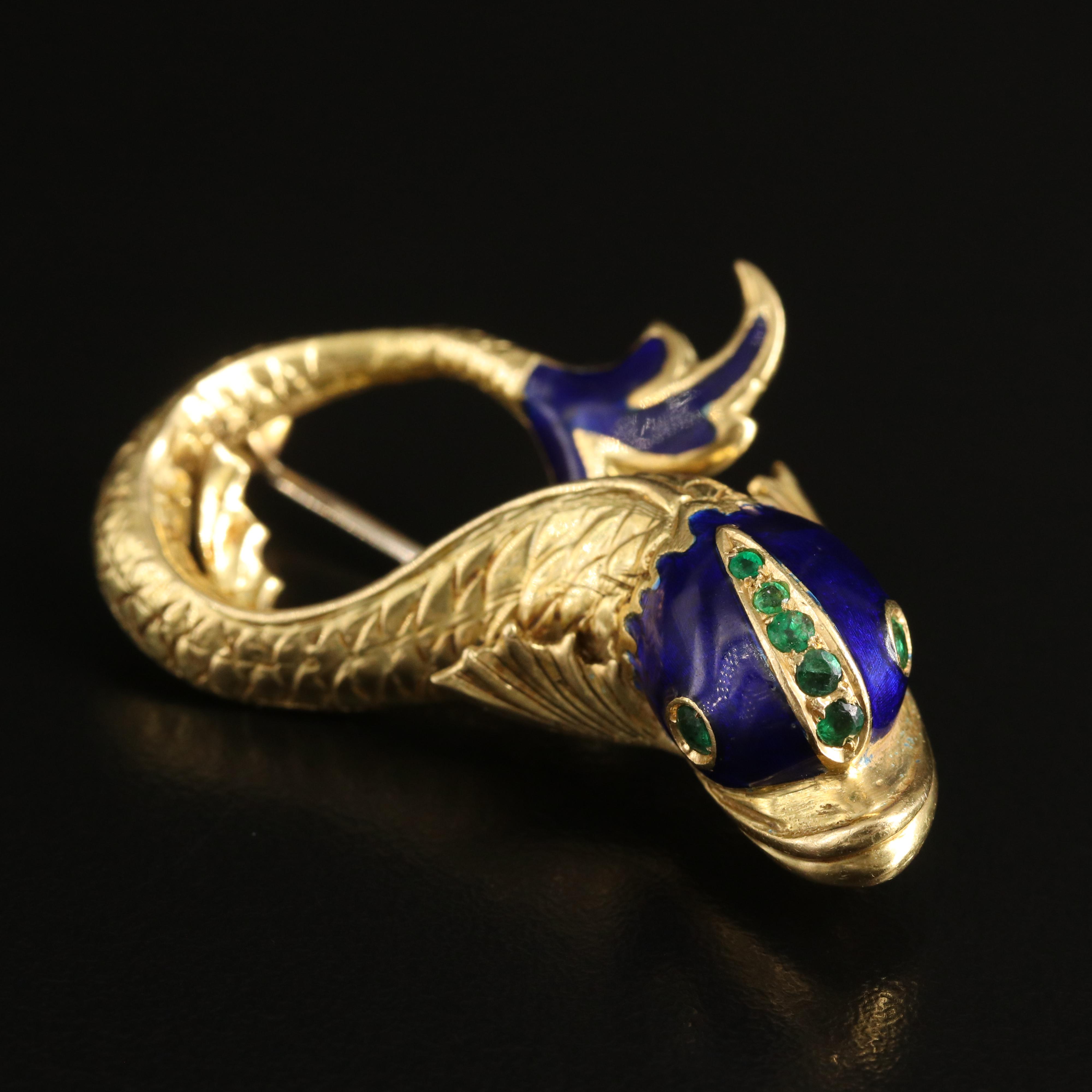 1960s Gioconda 18K Emerald and Enamel Rococo Style Dolphin Fish Brooch