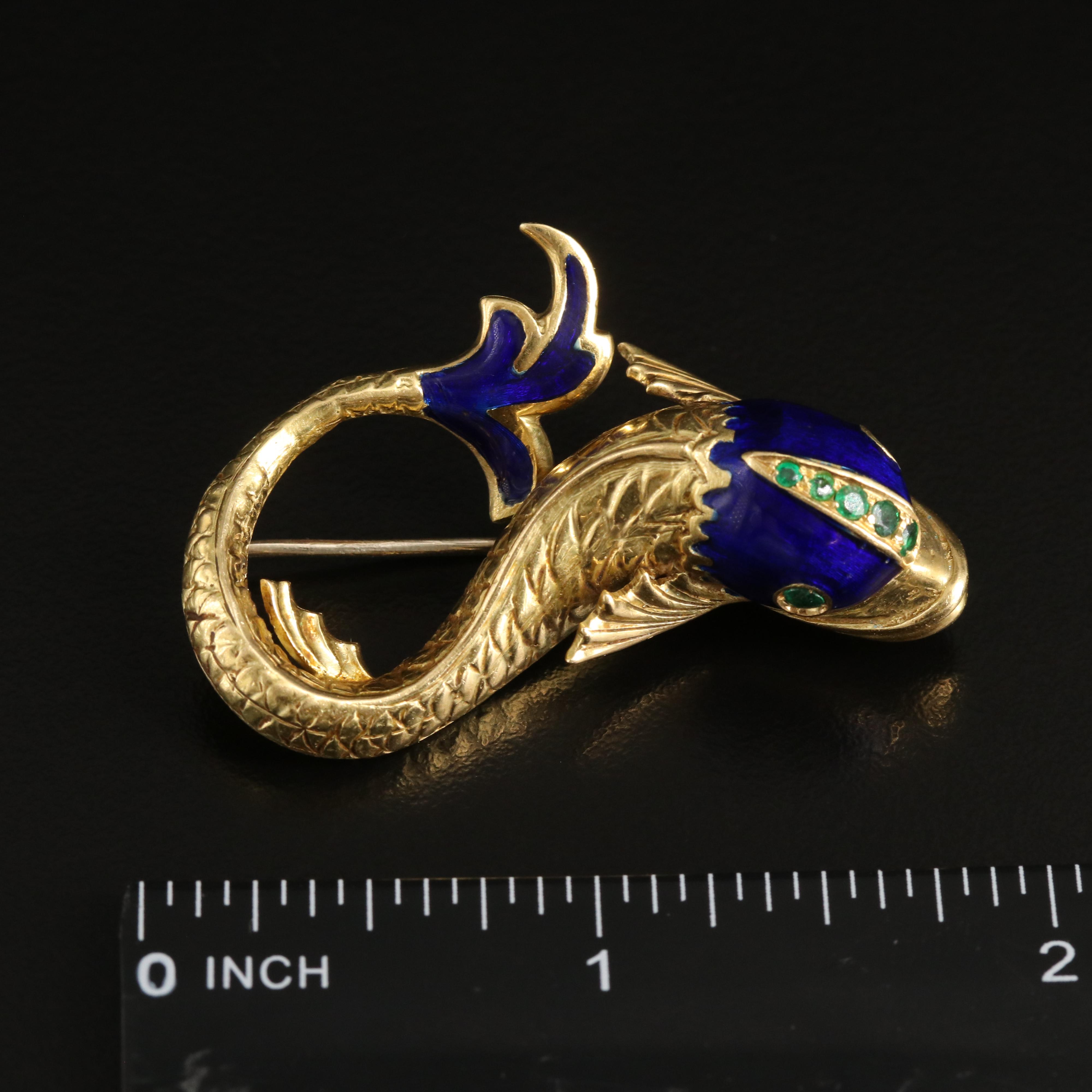 1960s Gioconda 18K Emerald and Enamel Rococo Style Dolphin Fish Brooch