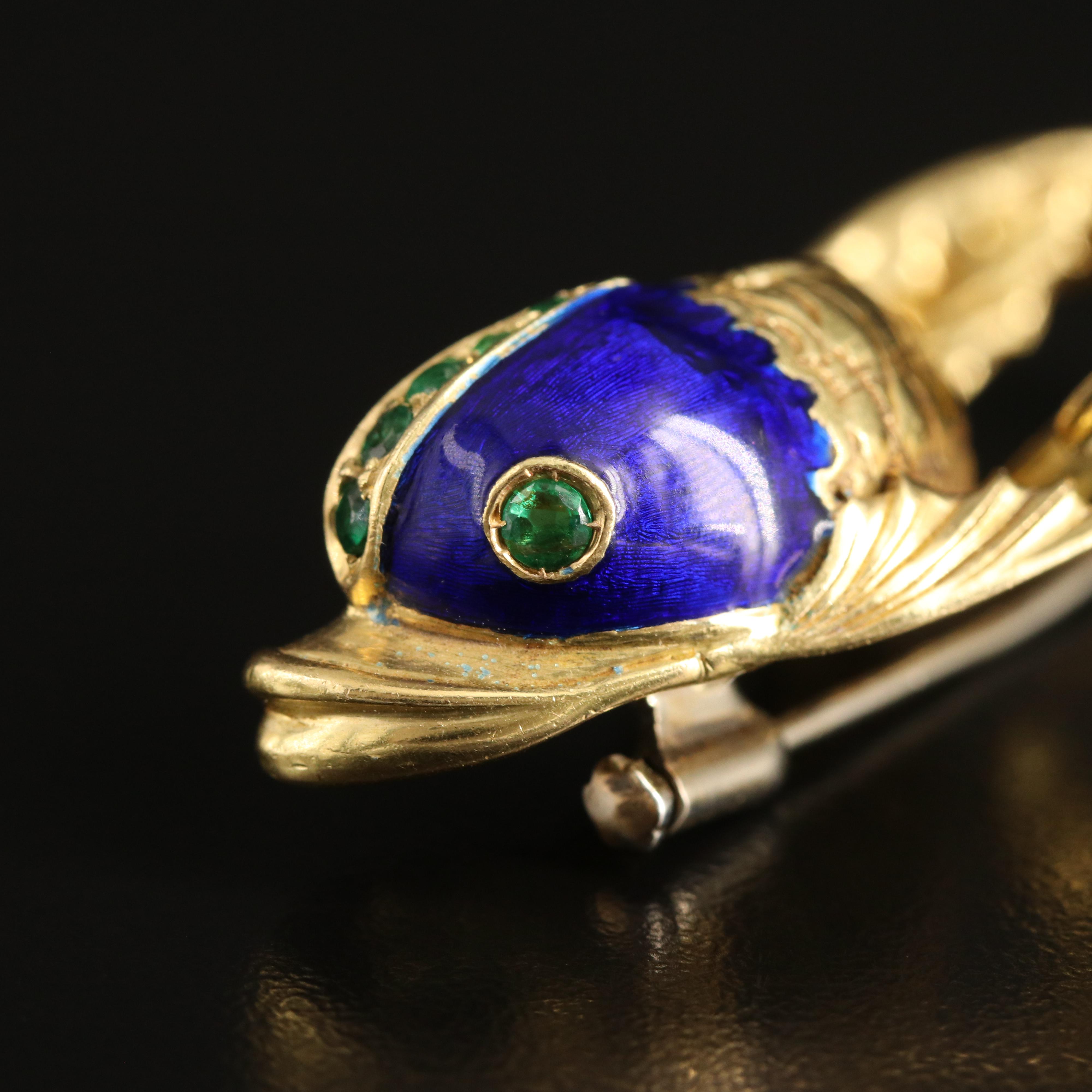 1960s Gioconda 18K Emerald and Enamel Rococo Style Dolphin Fish Brooch
