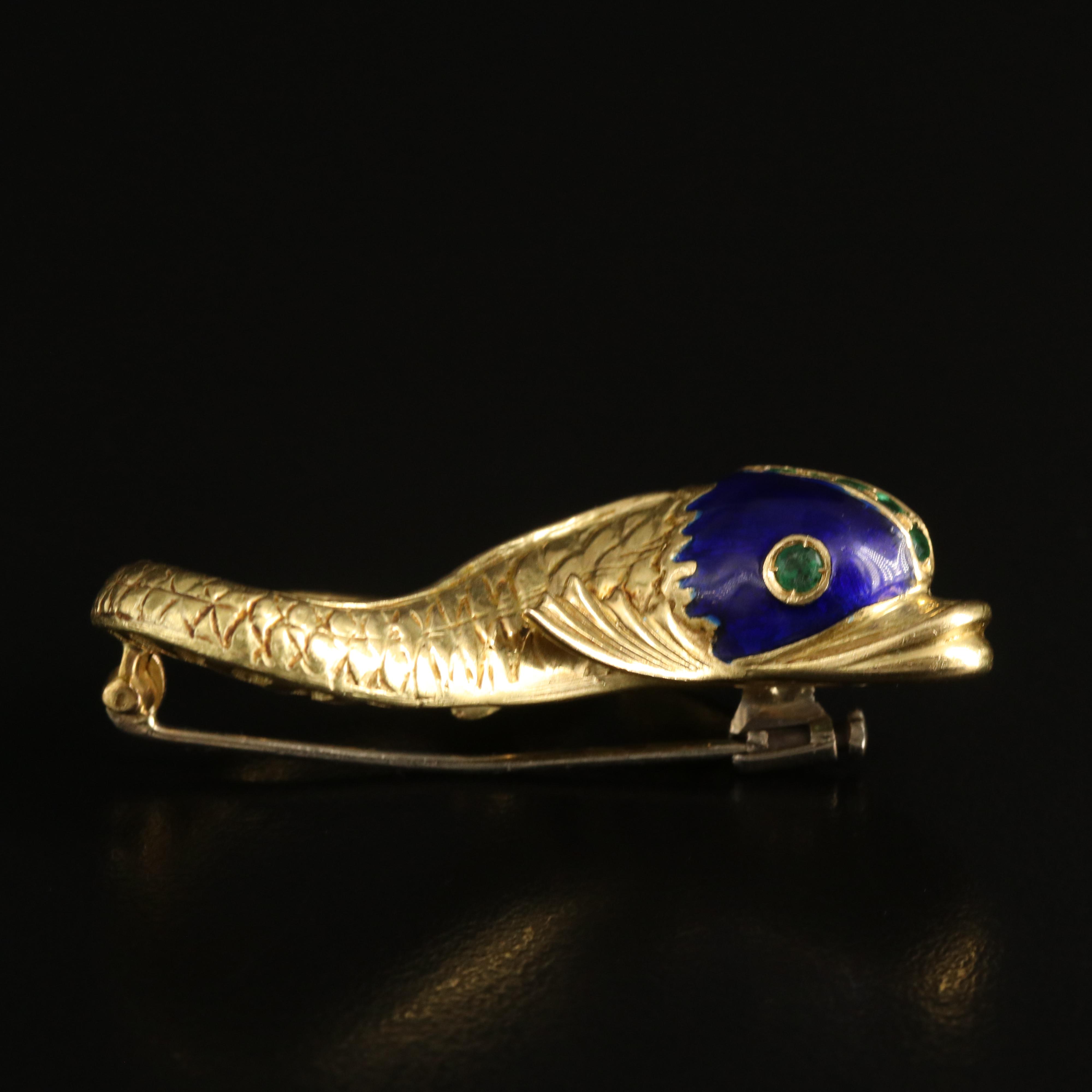 1960s Gioconda 18K Emerald and Enamel Rococo Style Dolphin Fish Brooch