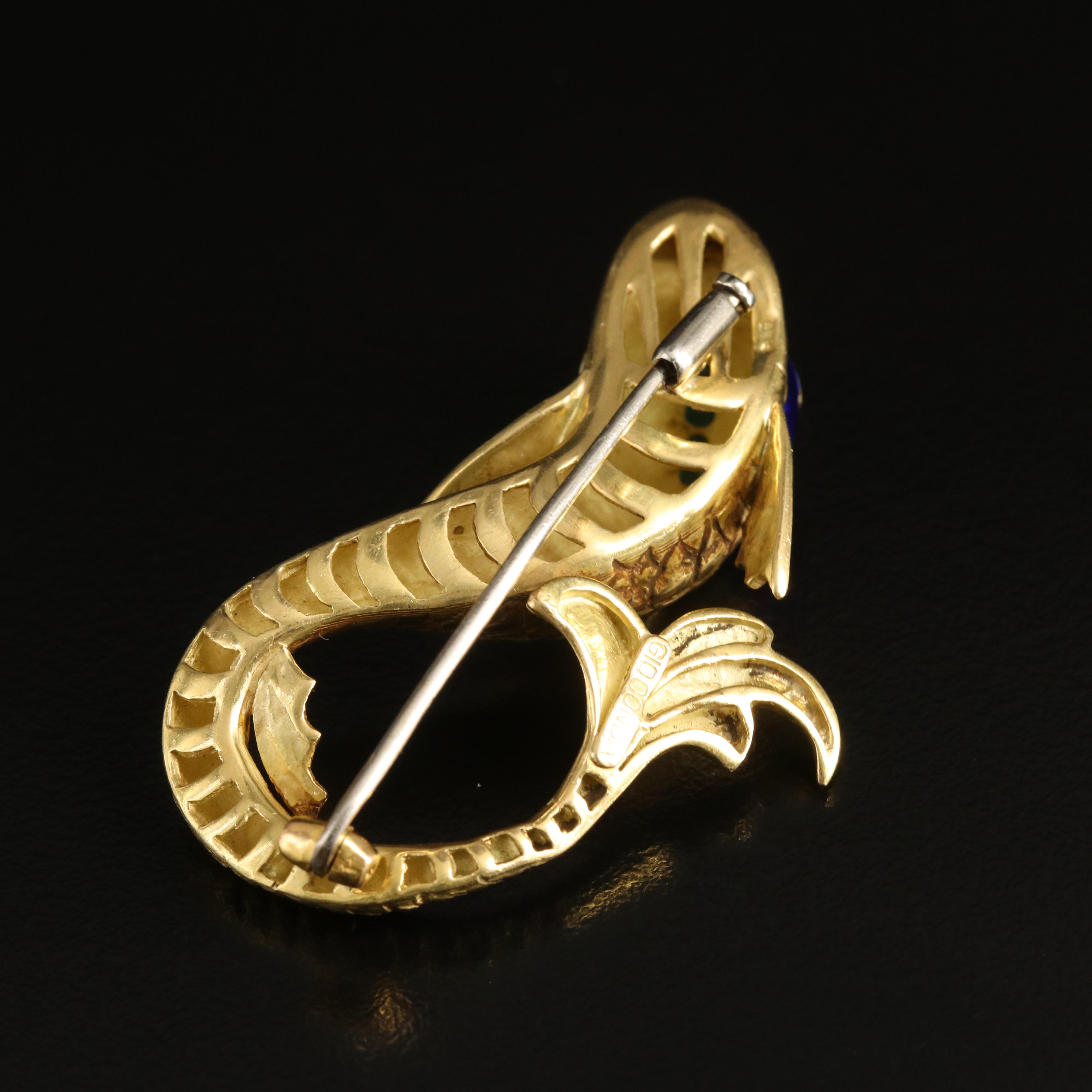 1960s Gioconda 18K Emerald and Enamel Rococo Style Dolphin Fish Brooch