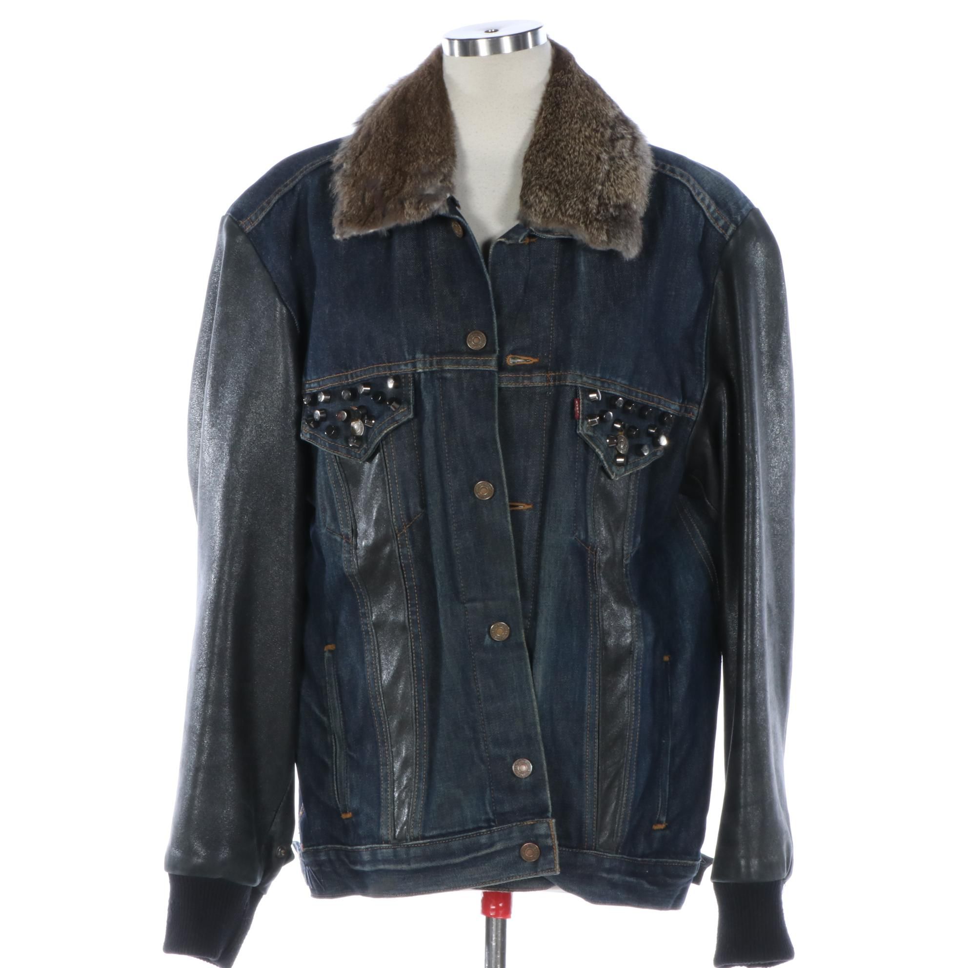 Levi Strauss & Co. Denim and Leather Studded Jacket with Rabbit Fur Collar