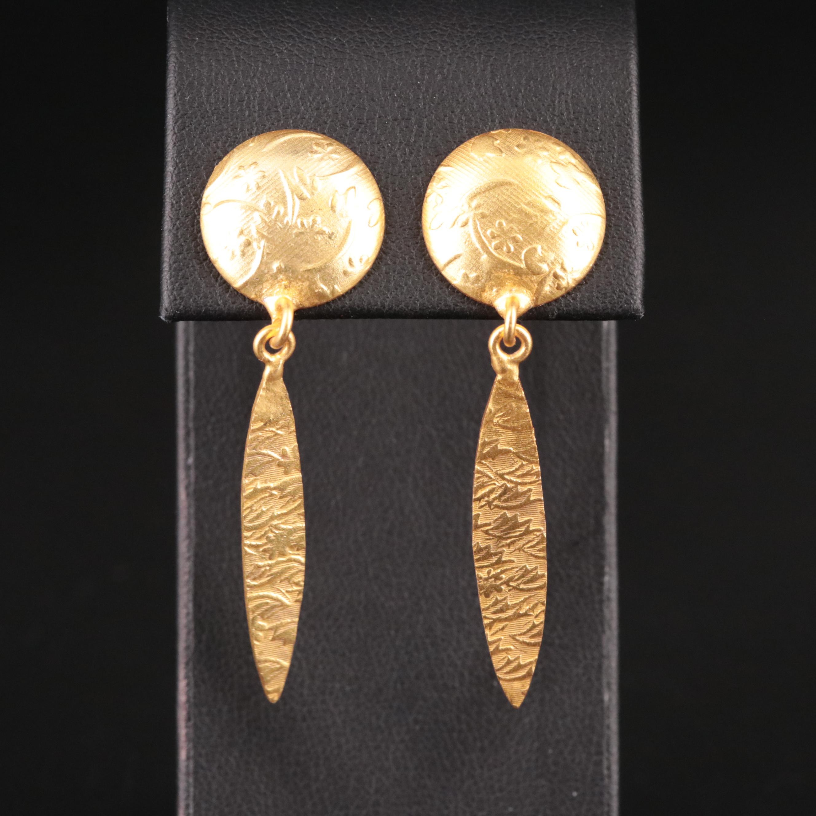 Gold Plated Drop Earrings with Textured Design