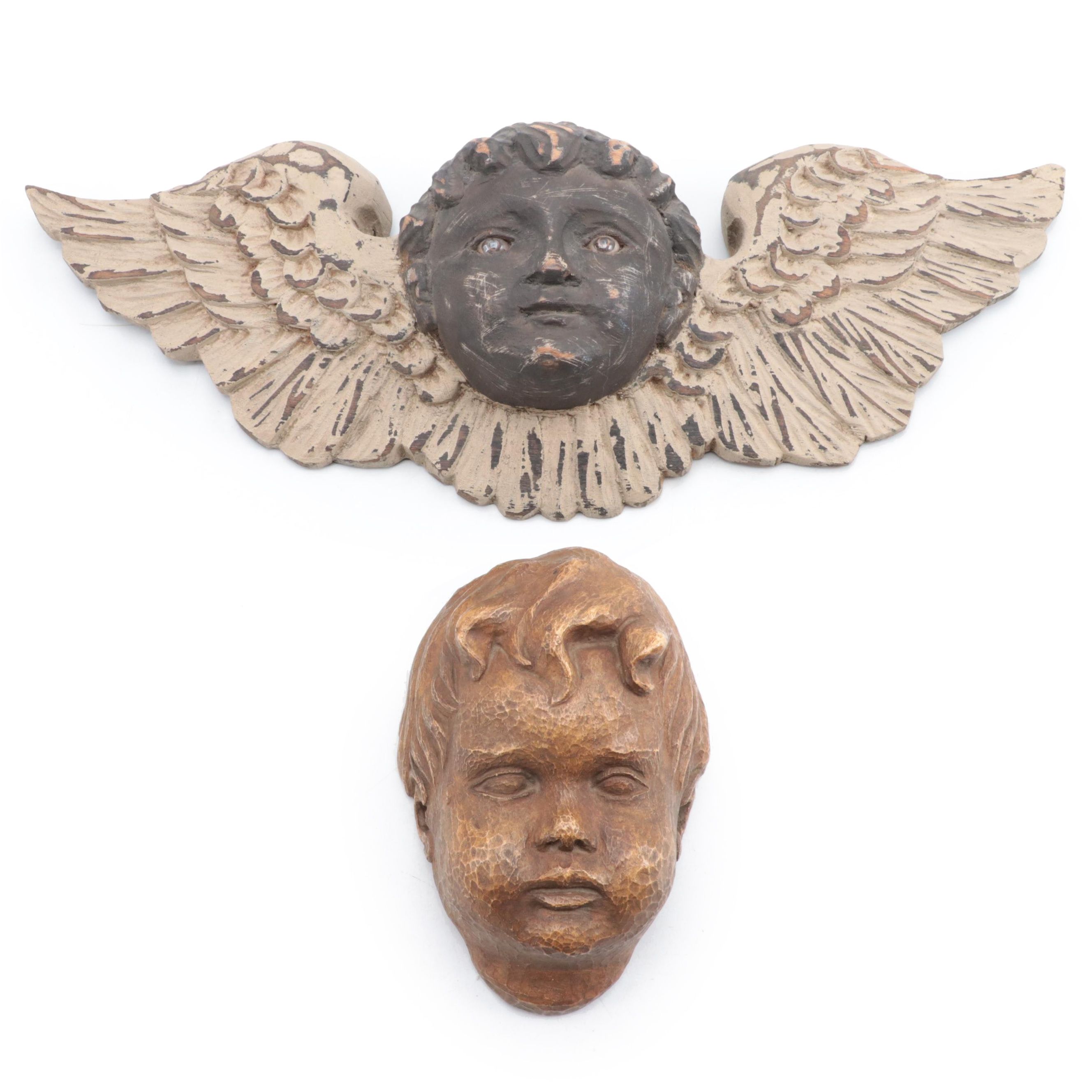Wood Cherub and Ceracast Clay Bust Wall Hangings