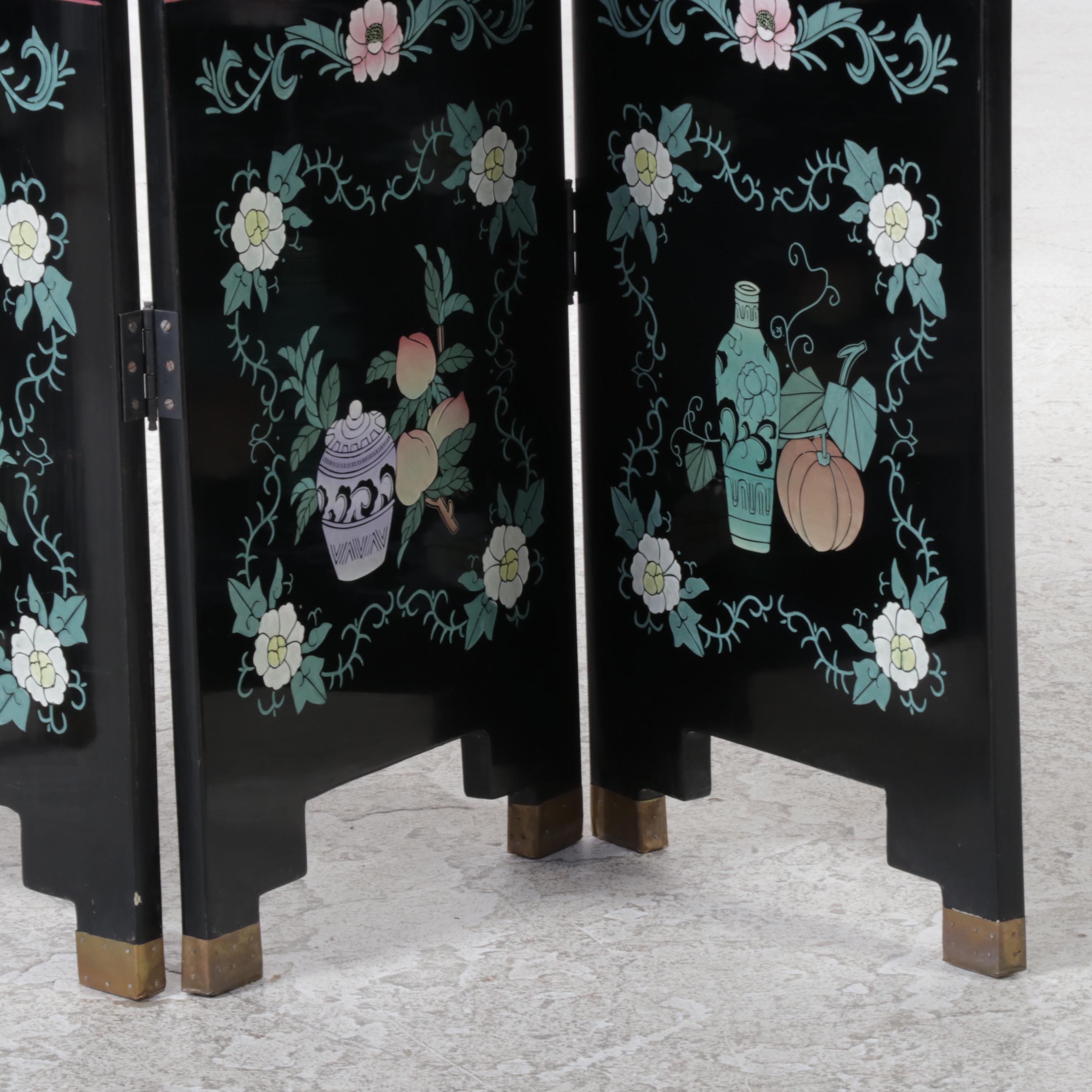 Chinese Painted and Black Lacquered Screen