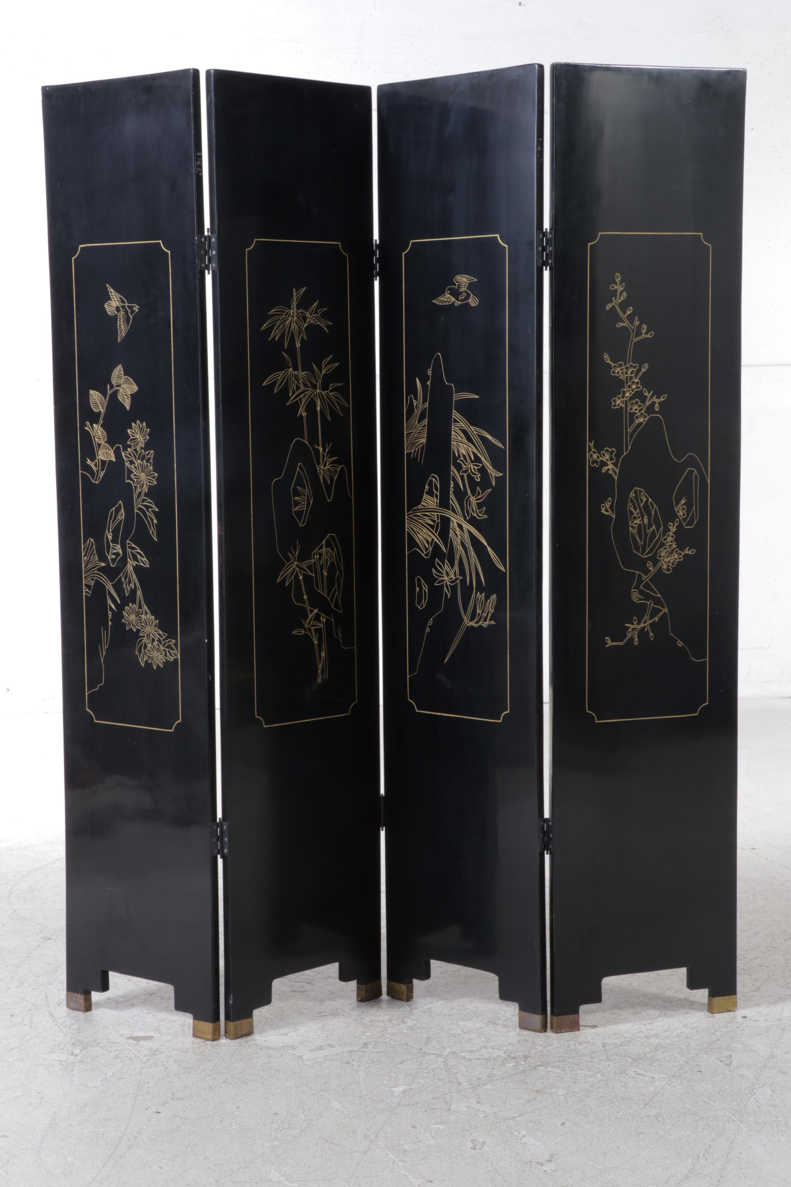 Chinese Painted and Black Lacquered Screen