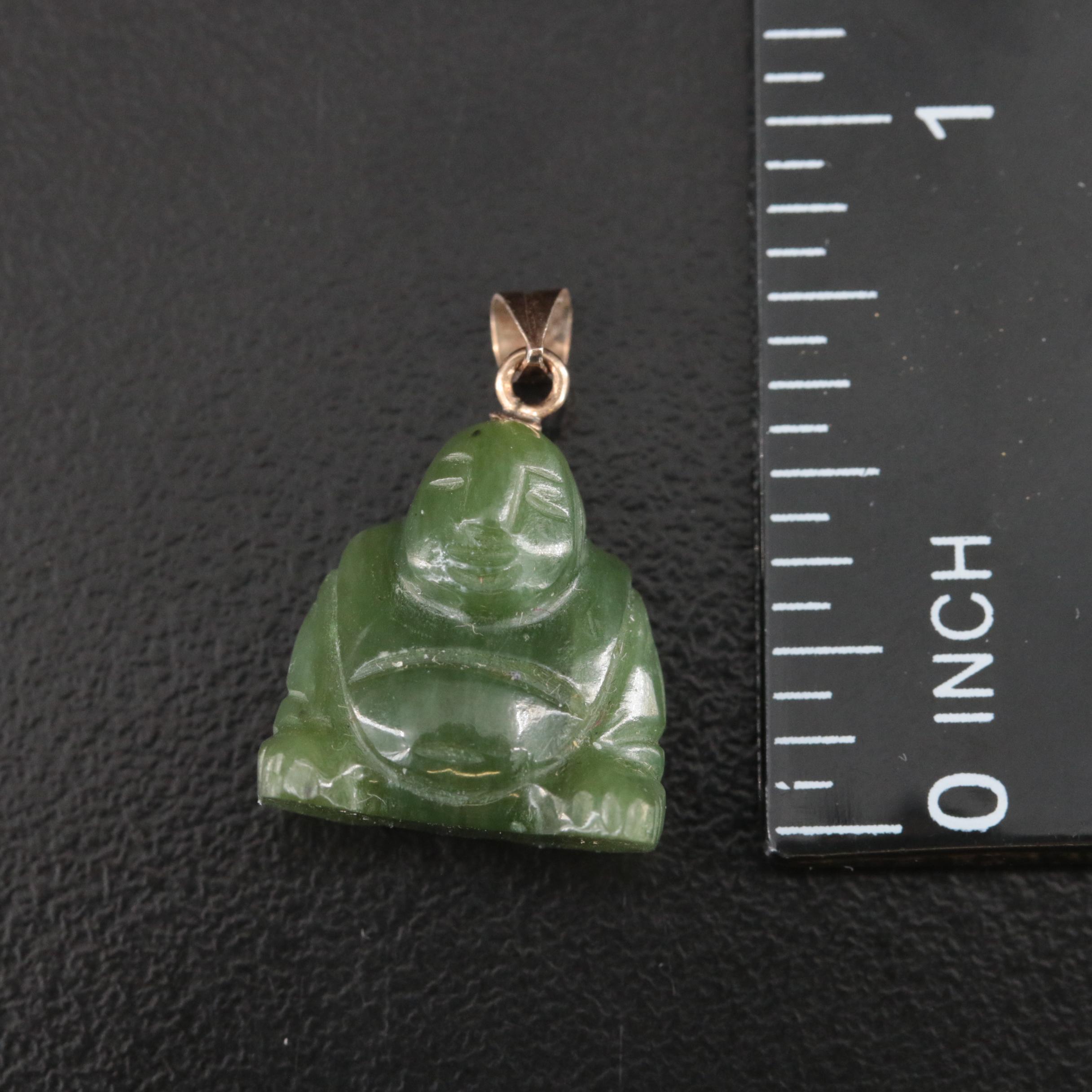 14K Nephrite Budai Pendant and Golf-Filled Leaf Earrings