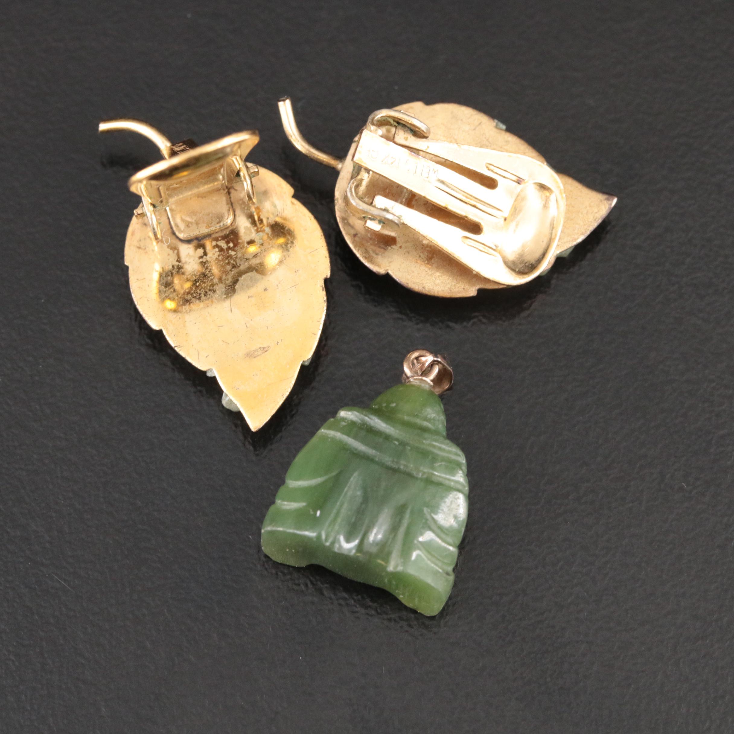 14K Nephrite Budai Pendant and Golf-Filled Leaf Earrings