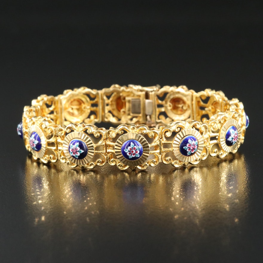 Italian 18K Enamel Scrolled Panel Bracelet