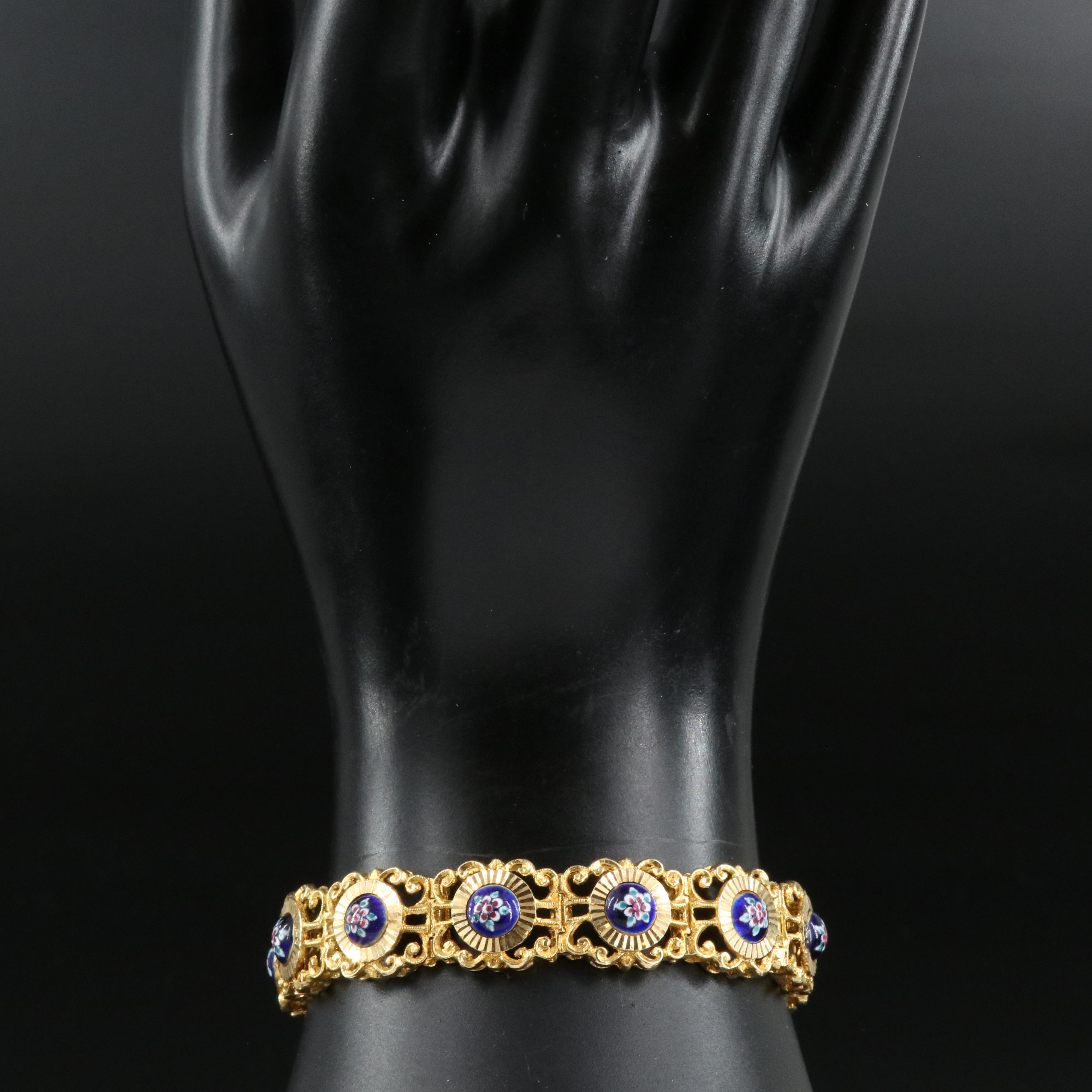 Italian 18K Enamel Scrolled Panel Bracelet