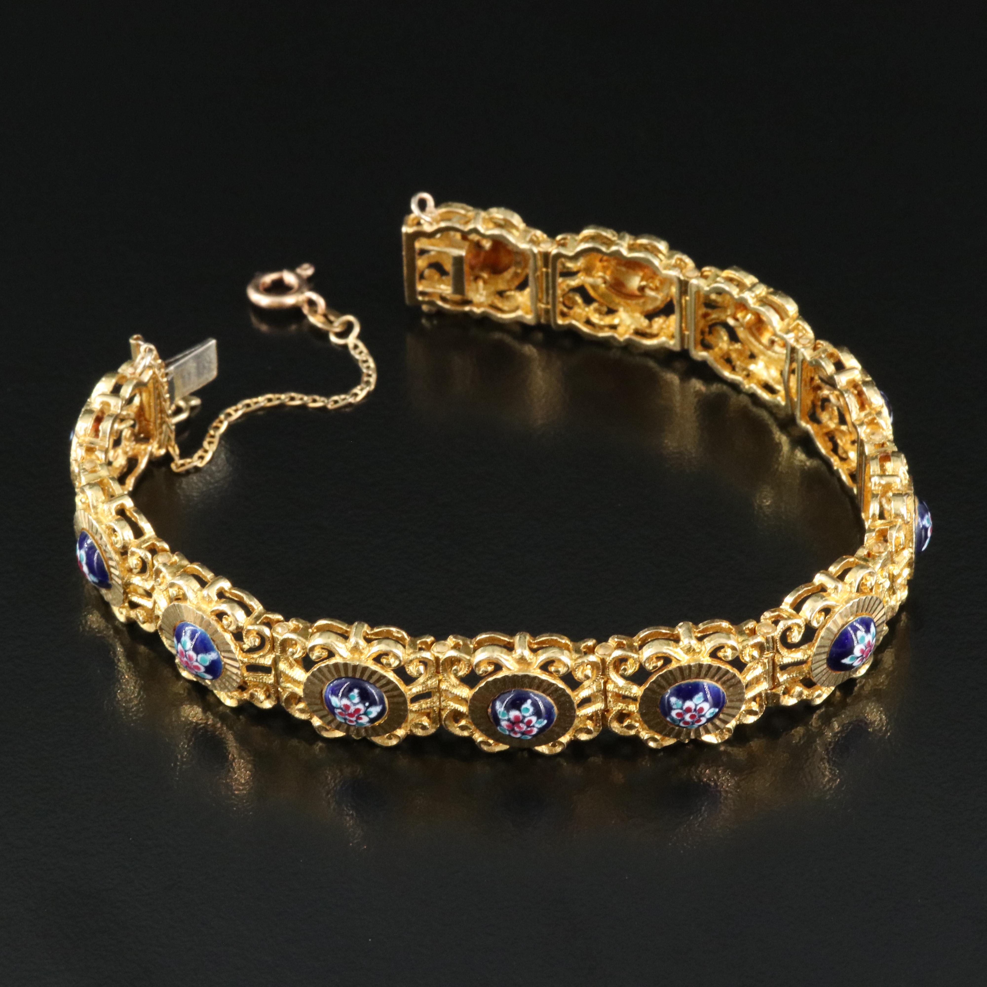 Italian 18K Enamel Scrolled Panel Bracelet