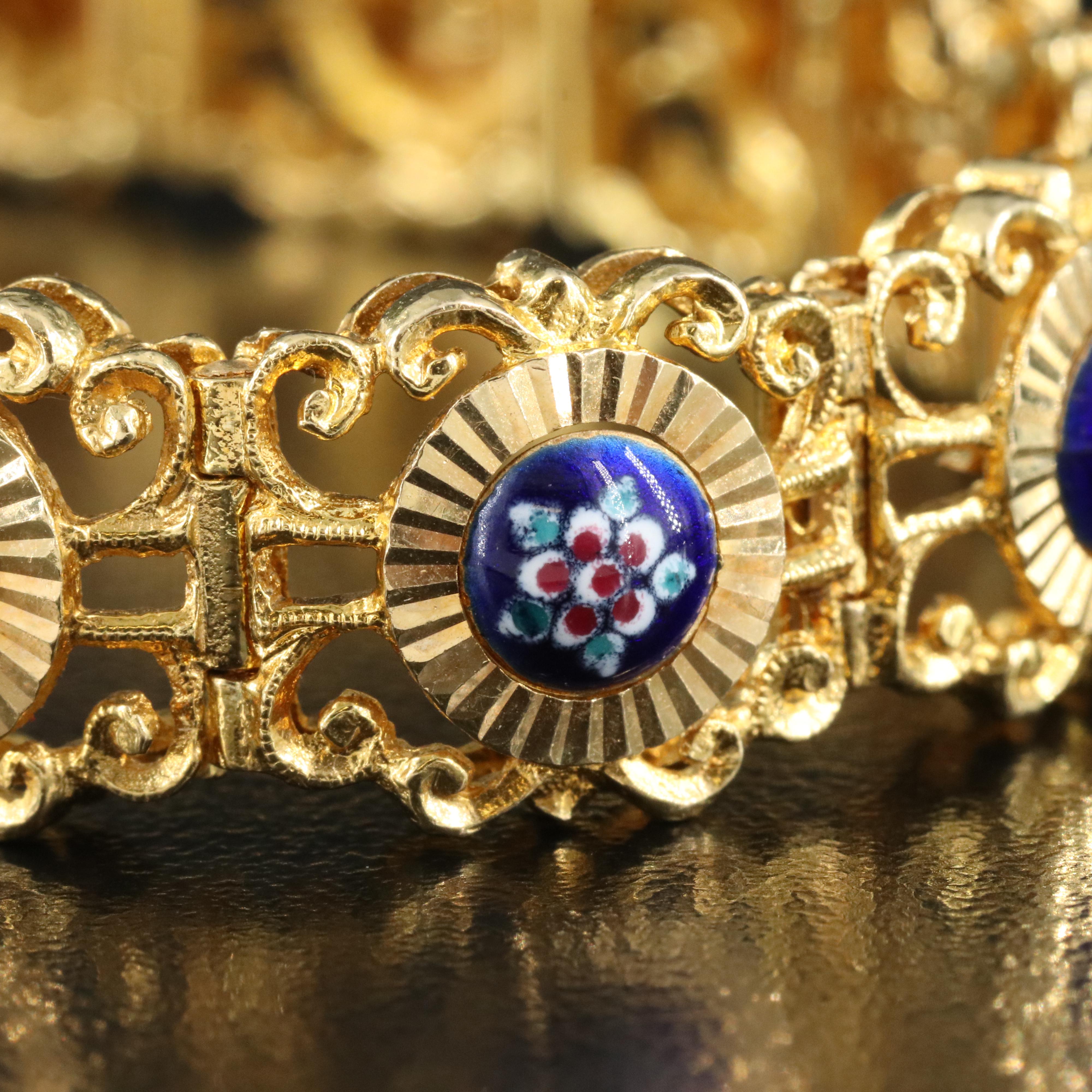 Italian 18K Enamel Scrolled Panel Bracelet