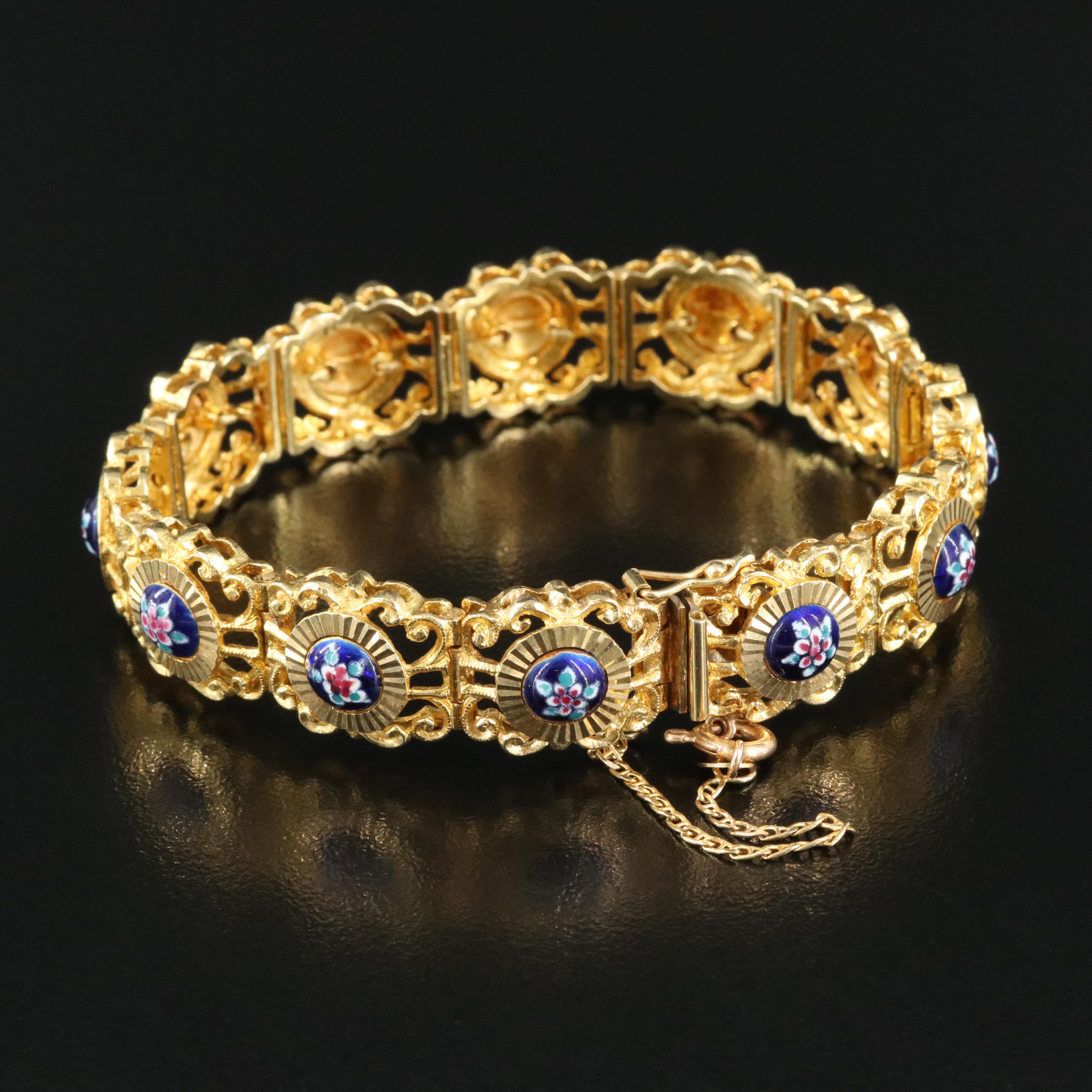 Italian 18K Enamel Scrolled Panel Bracelet