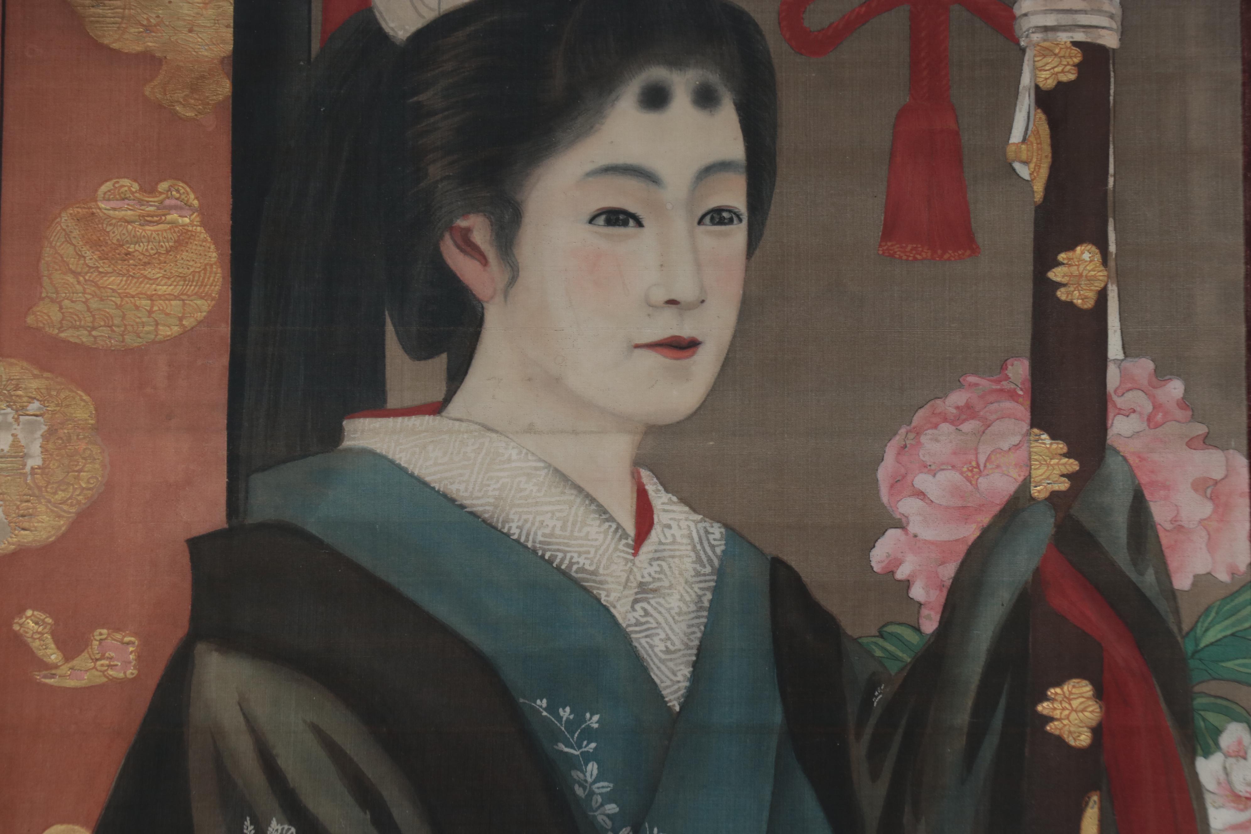 Japanese Meiji Period Full-Length Portrait Gouache Painting of a Woman