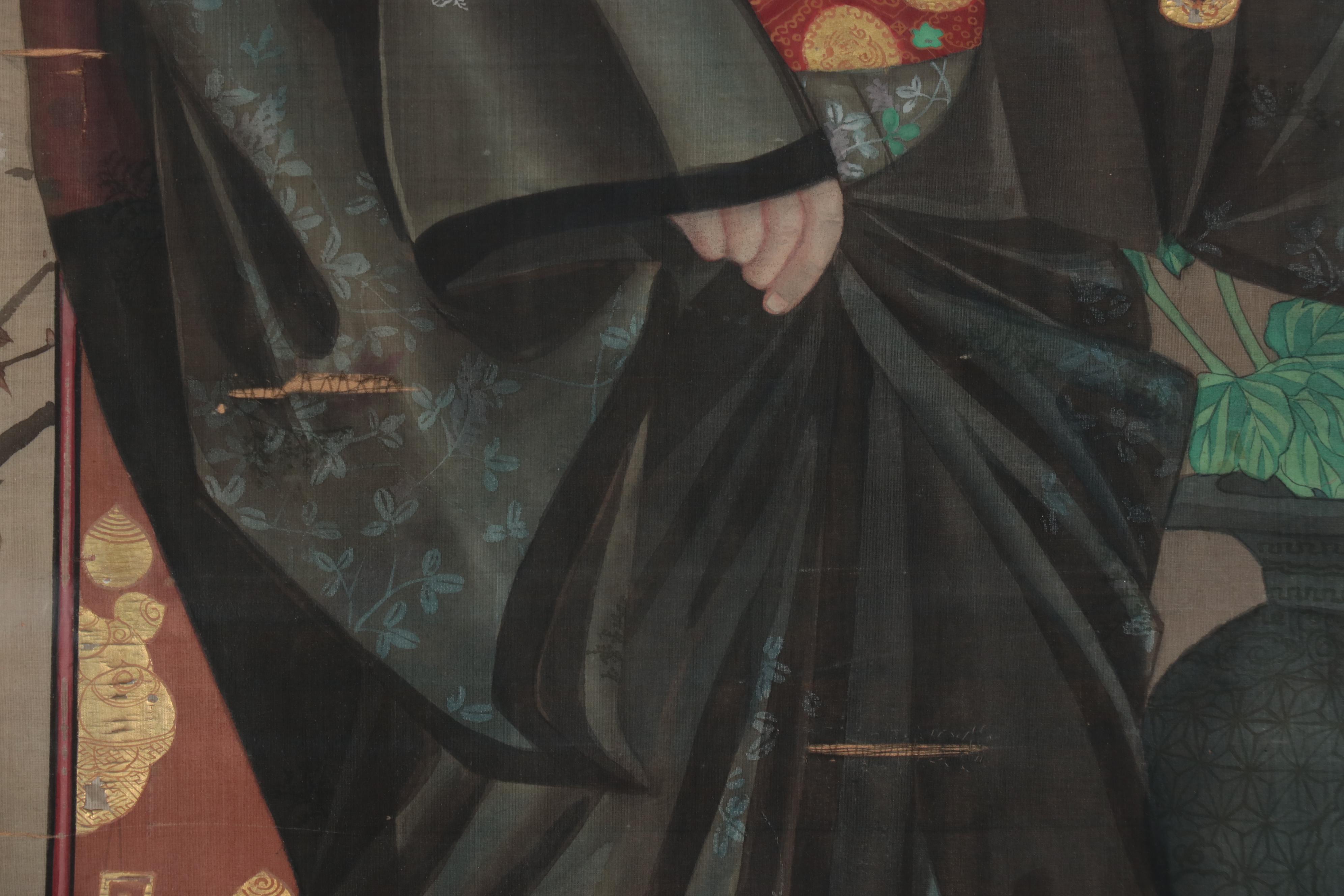 Japanese Meiji Period Full-Length Portrait Gouache Painting of a Woman