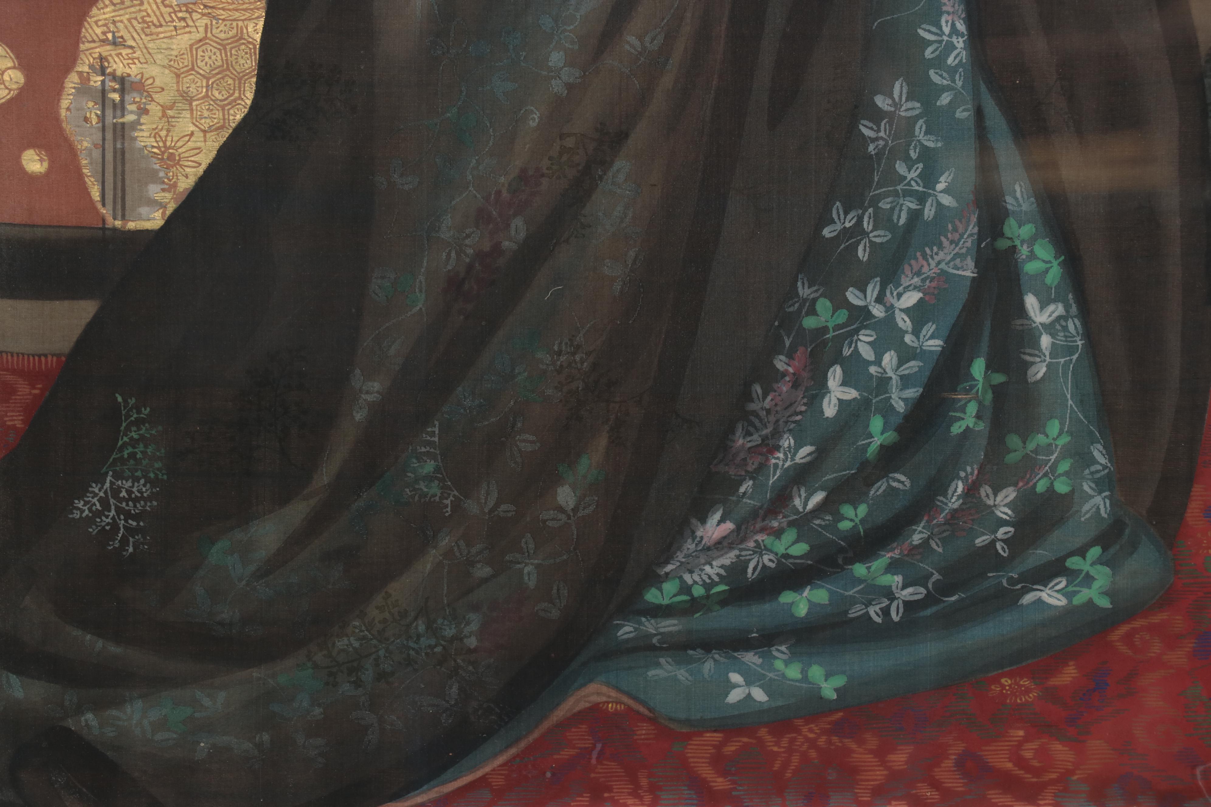 Japanese Meiji Period Full-Length Portrait Gouache Painting of a Woman