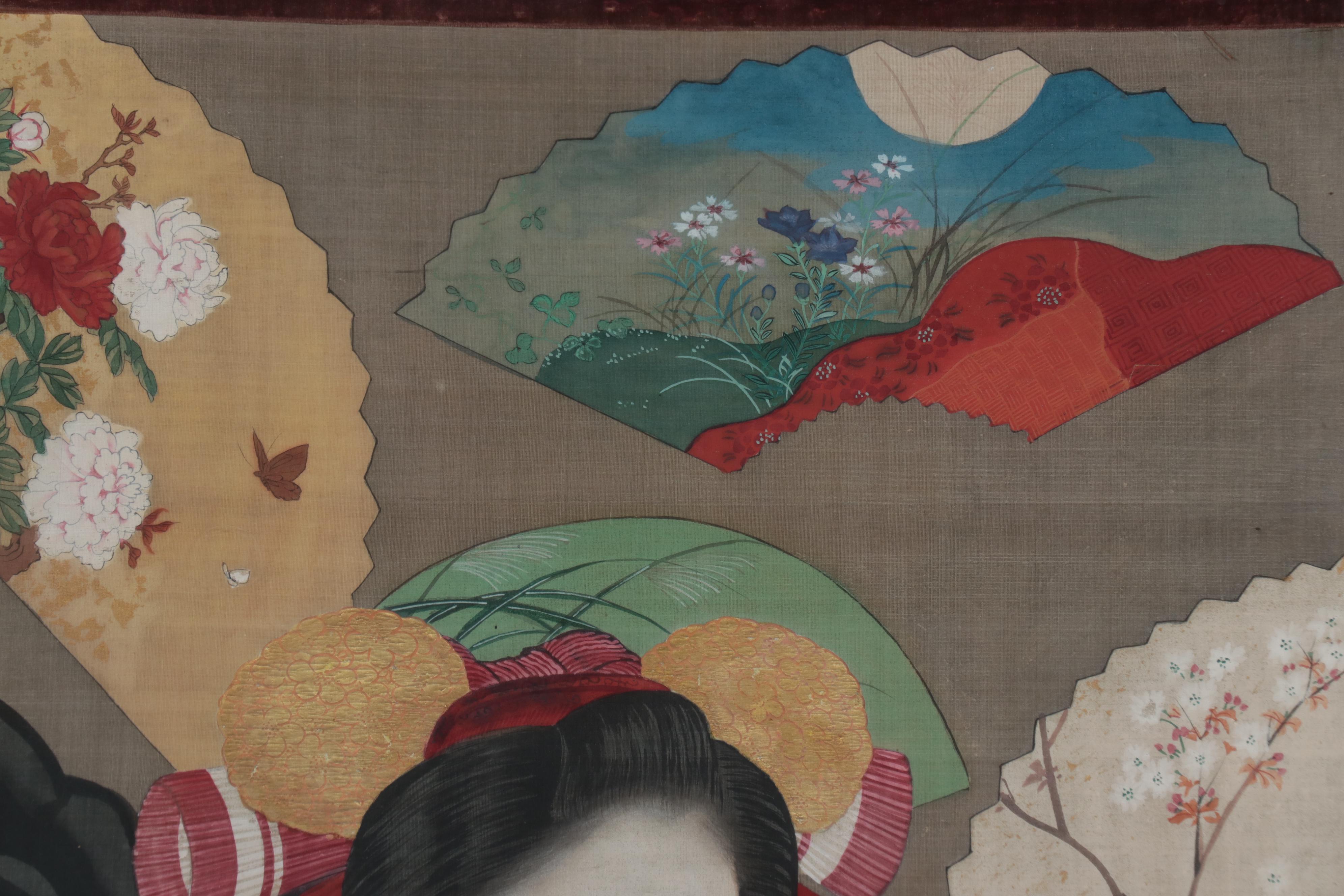 Japanese Meiji Period Full-Length Portrait Gouache Painting of a Woman