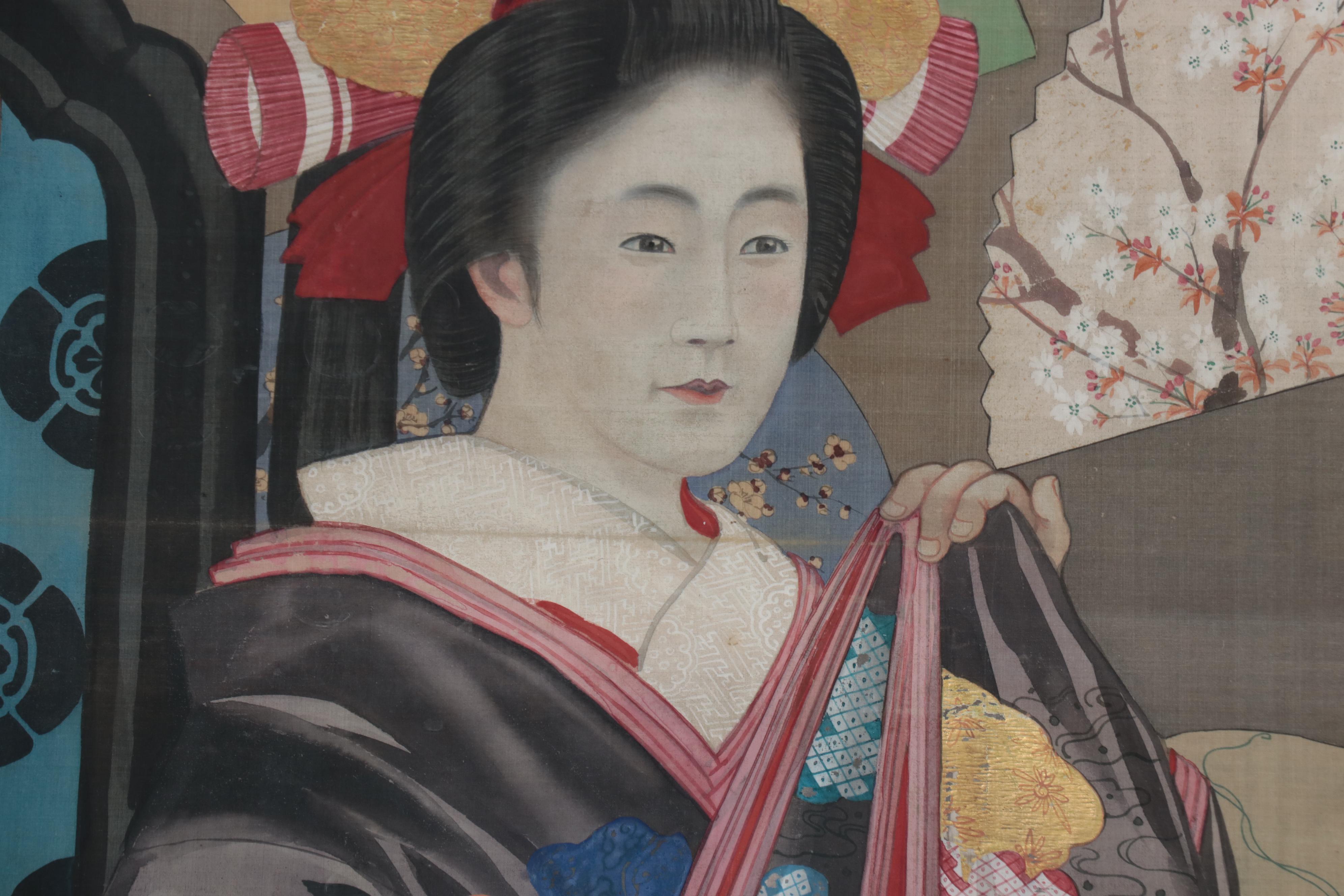 Japanese Meiji Period Full-Length Portrait Gouache Painting of a Woman