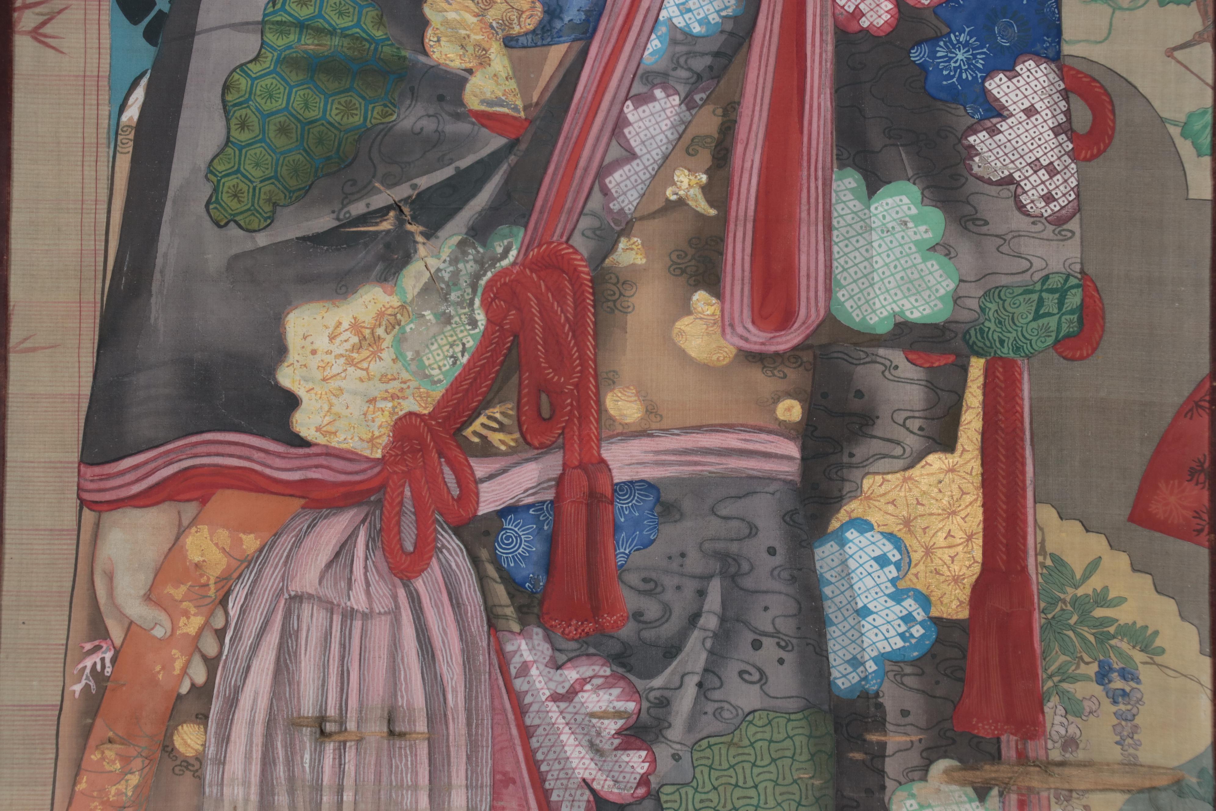 Japanese Meiji Period Full-Length Portrait Gouache Painting of a Woman