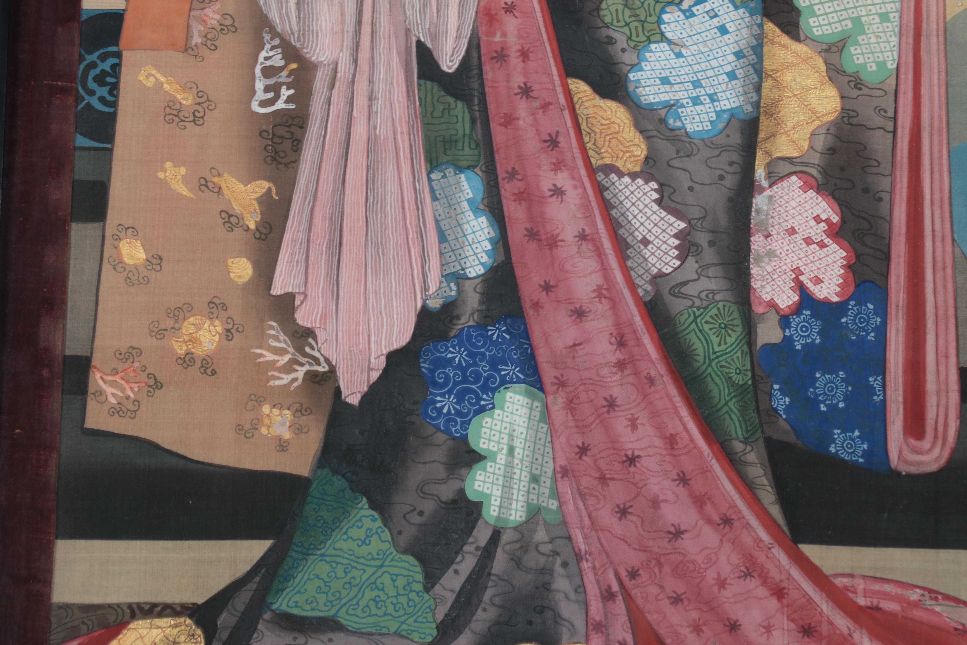 Japanese Meiji Period Full-Length Portrait Gouache Painting of a Woman