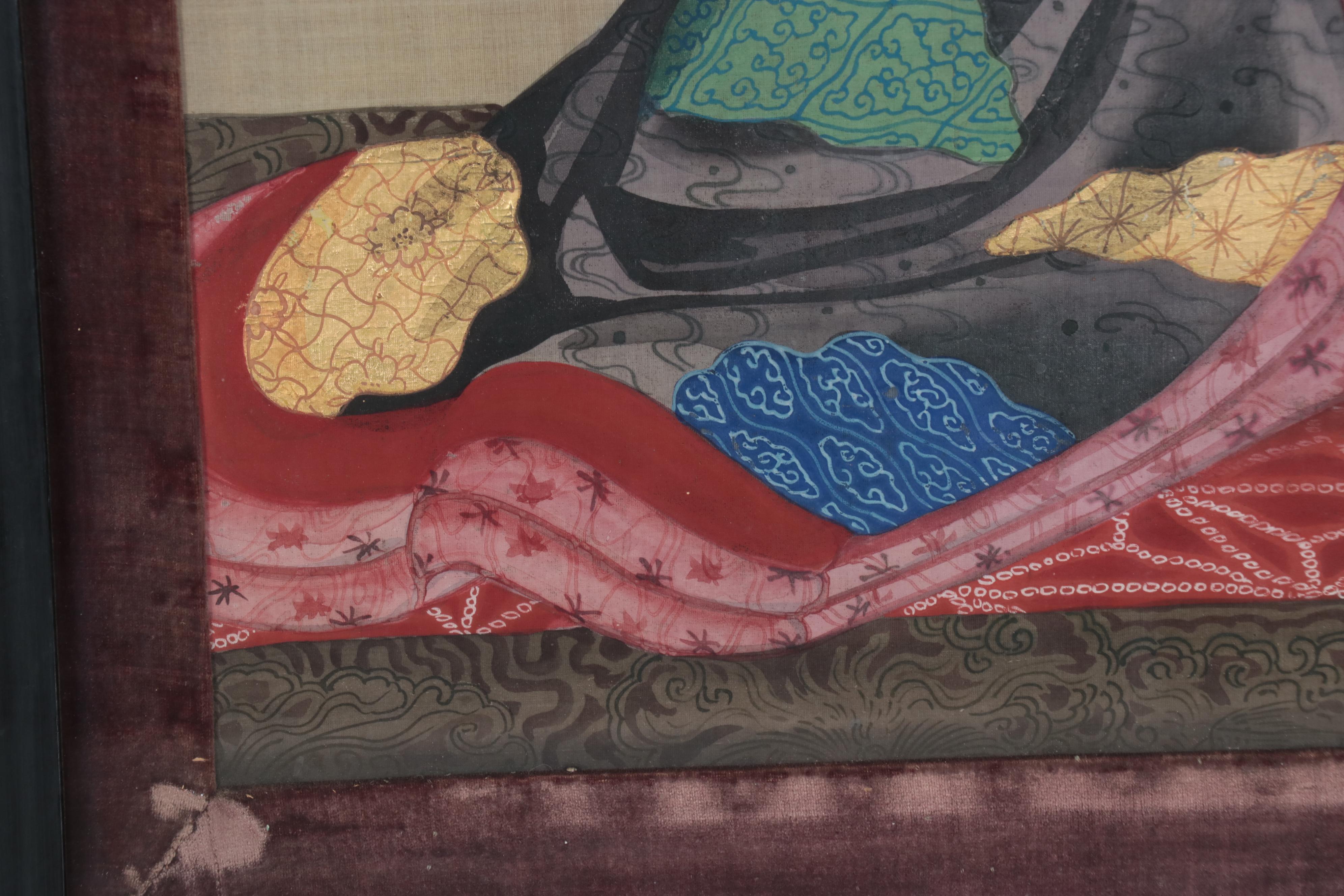 Japanese Meiji Period Full-Length Portrait Gouache Painting of a Woman