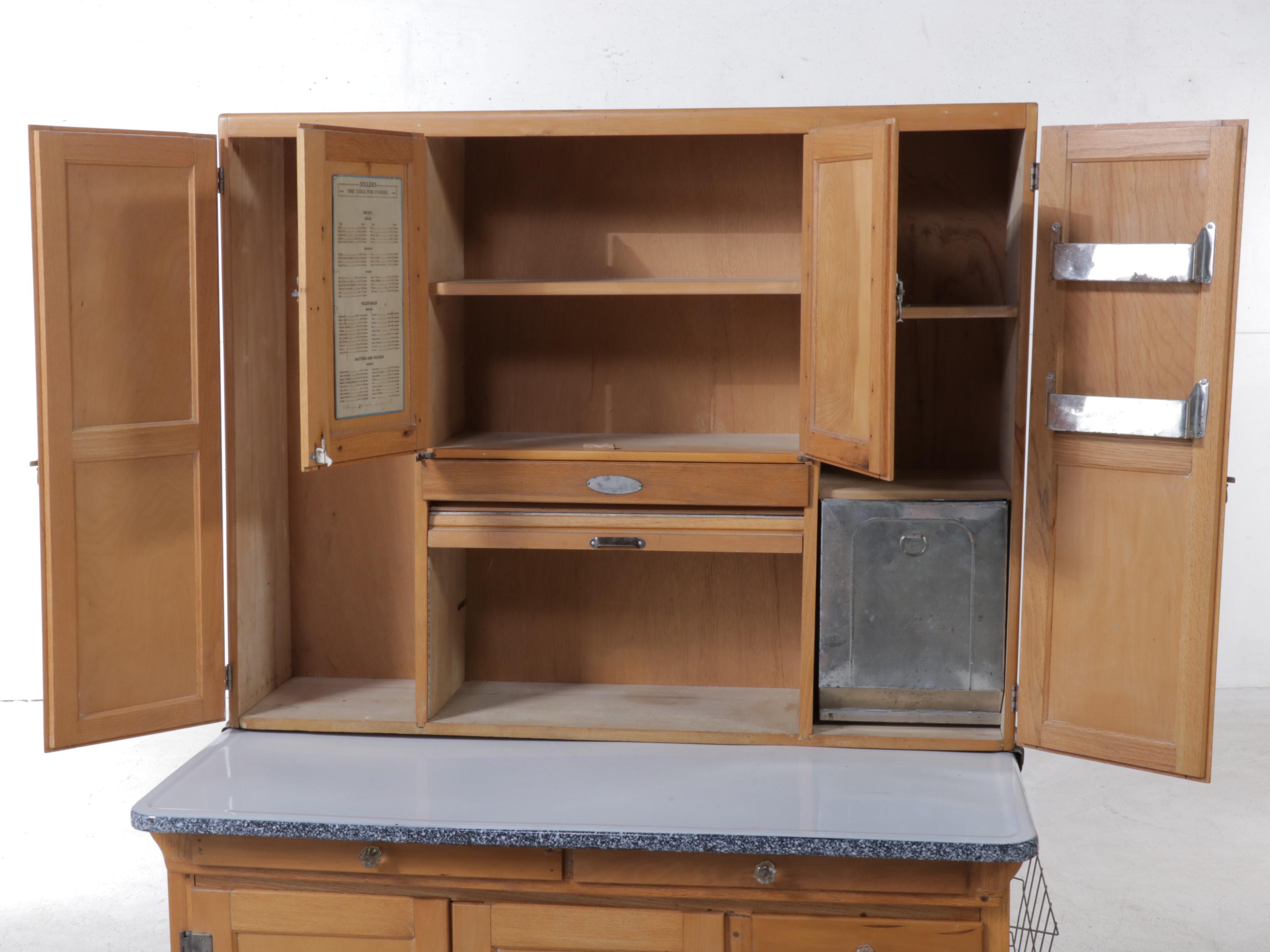 Sellers Oak and Enamel Work Top Hoosier Style Kitchen Cabinet, circa 1940